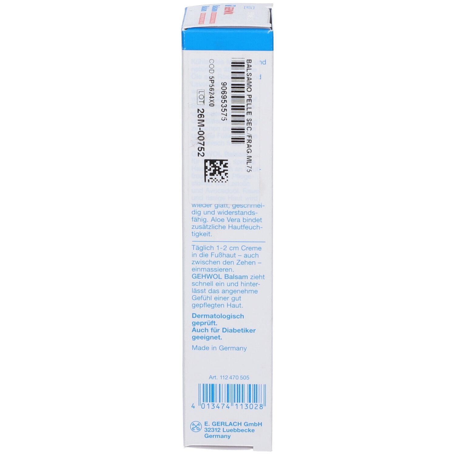 Rückseite der Kartonverpackung. Text und Informationen. Blau-weiße Farbgebung. Made in Germany. 75 ml.