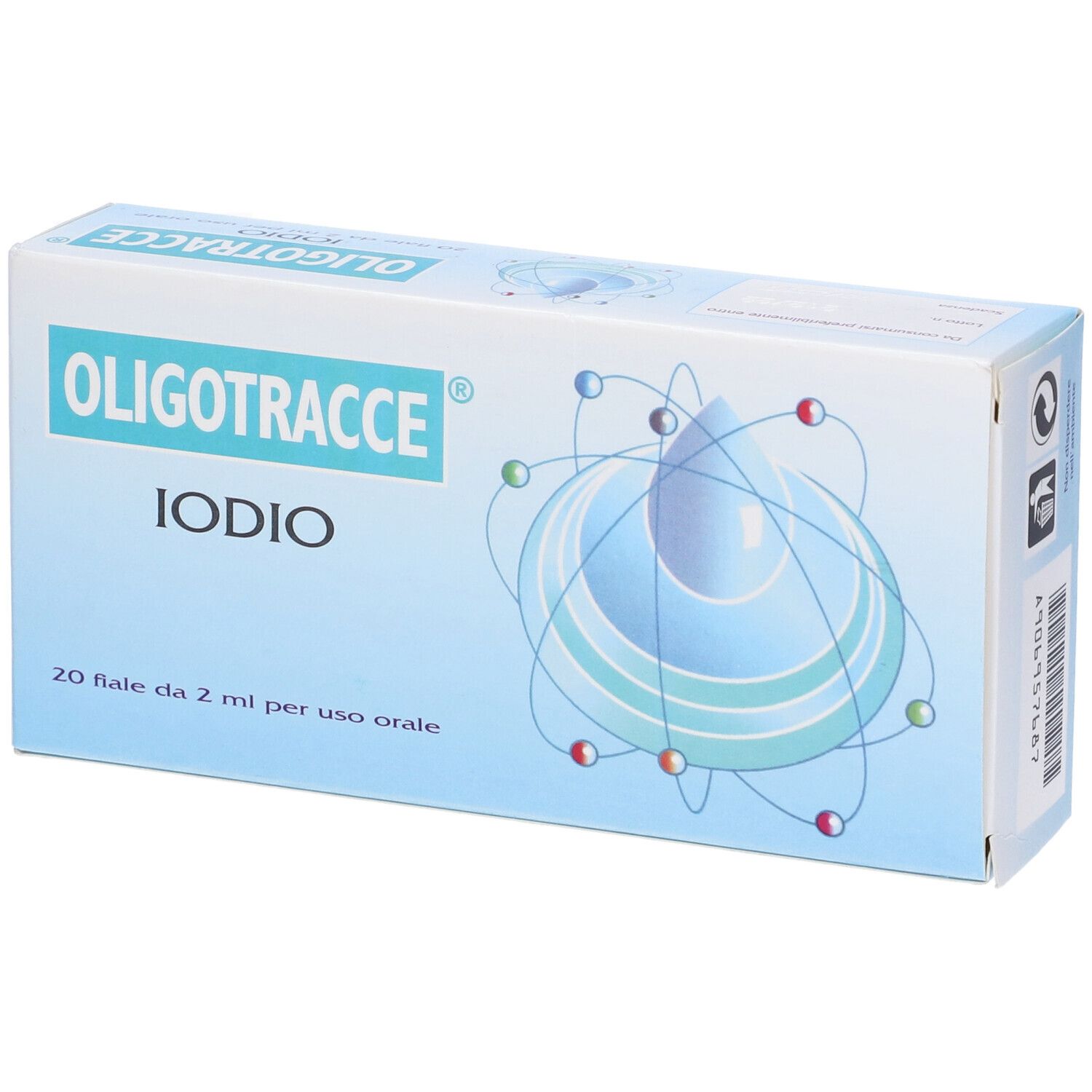 Confezione Oligotracce Iodio. Scatola blu con nome prodotto e 20 fiale per uso orale. Vista frontale.