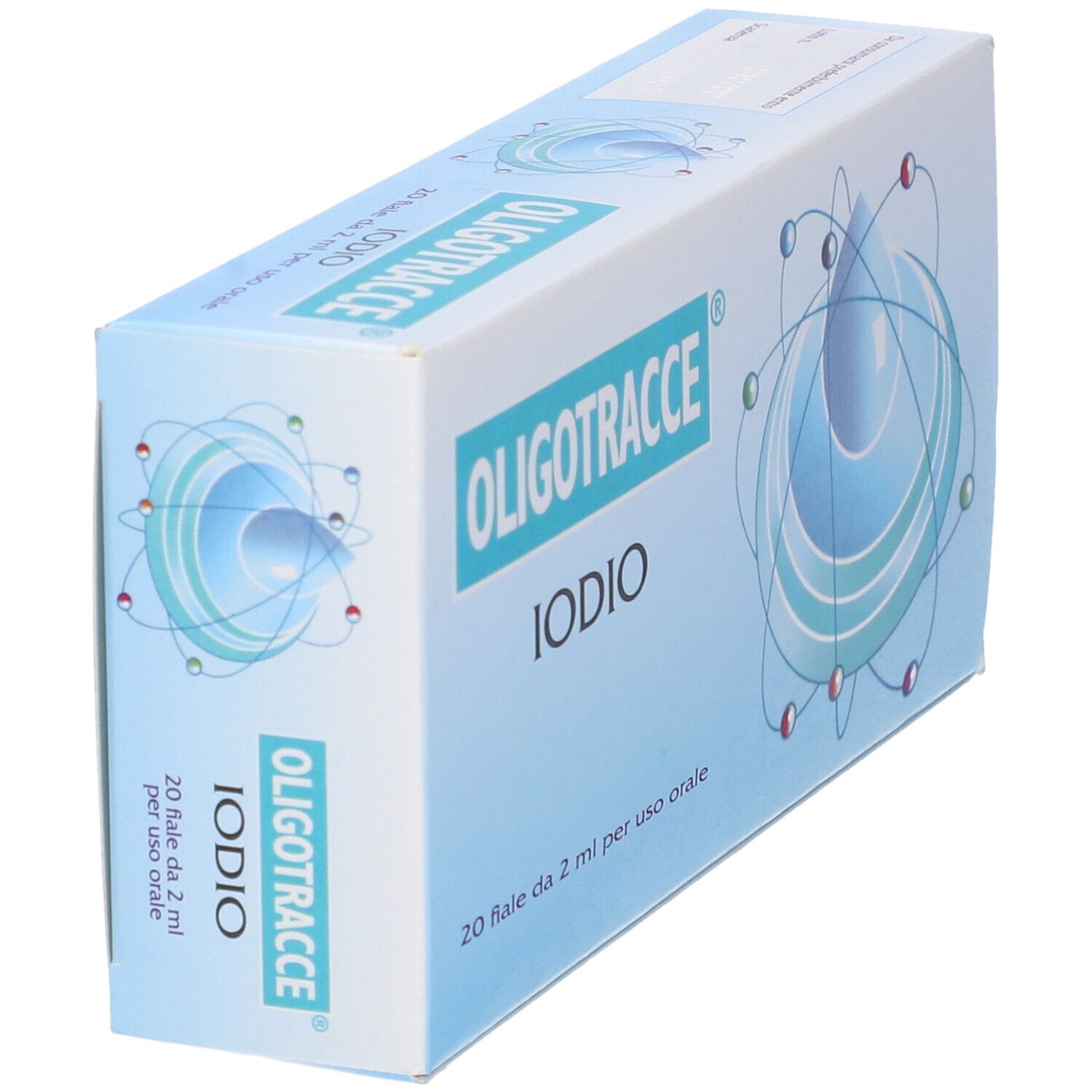 Confezione Oligotracce Iodio. Scatola blu con nome prodotto e 20 fiale. Vista angolata.