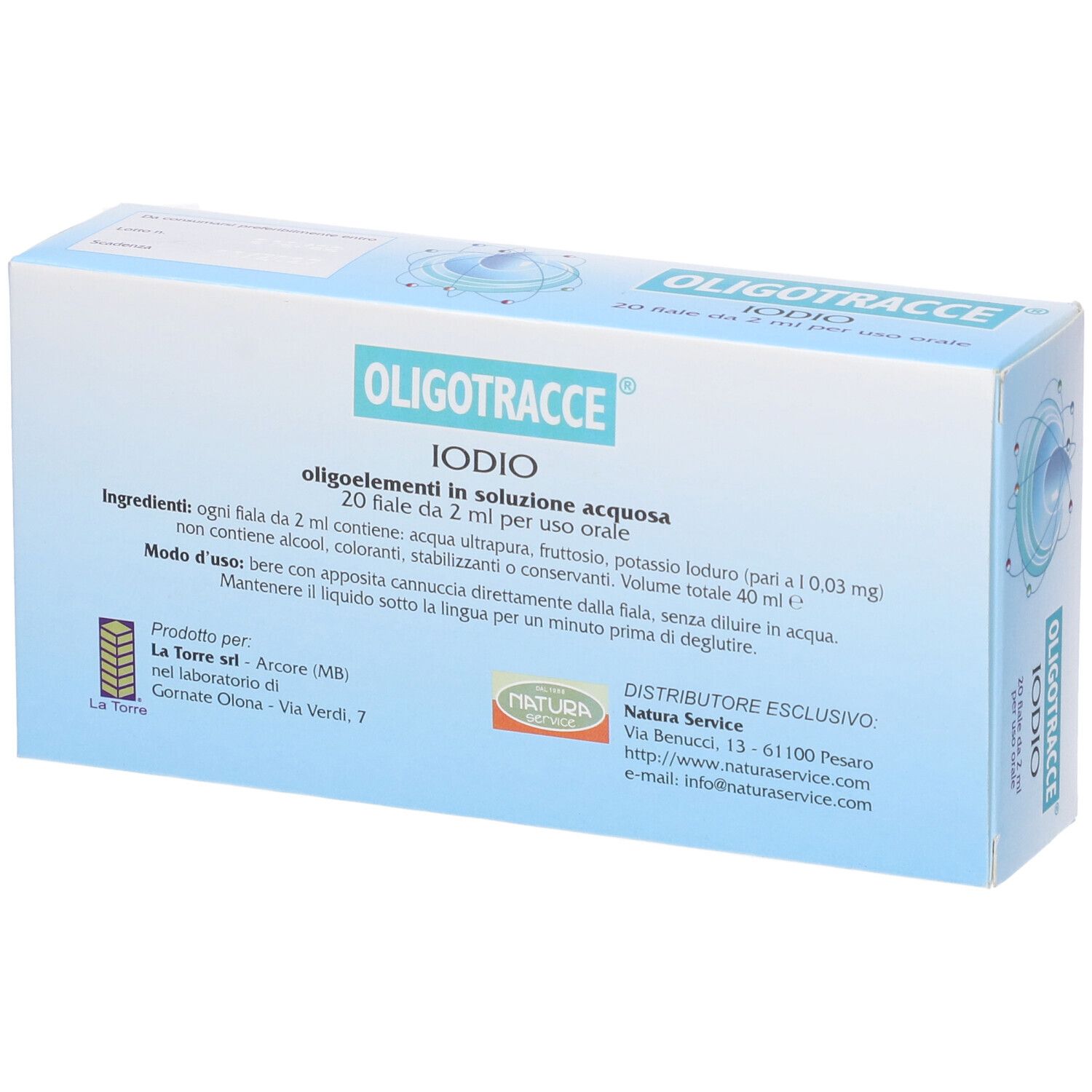 Retro confezione Oligotracce Iodio. Testo con ingredienti e istruzioni per l'uso. Informazioni produttore.