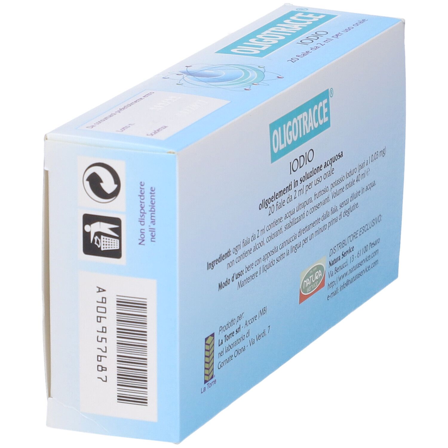 Lato confezione Oligotracce Iodio. Simbolo riciclo e testo. Informazioni produttore e numero di lotto.