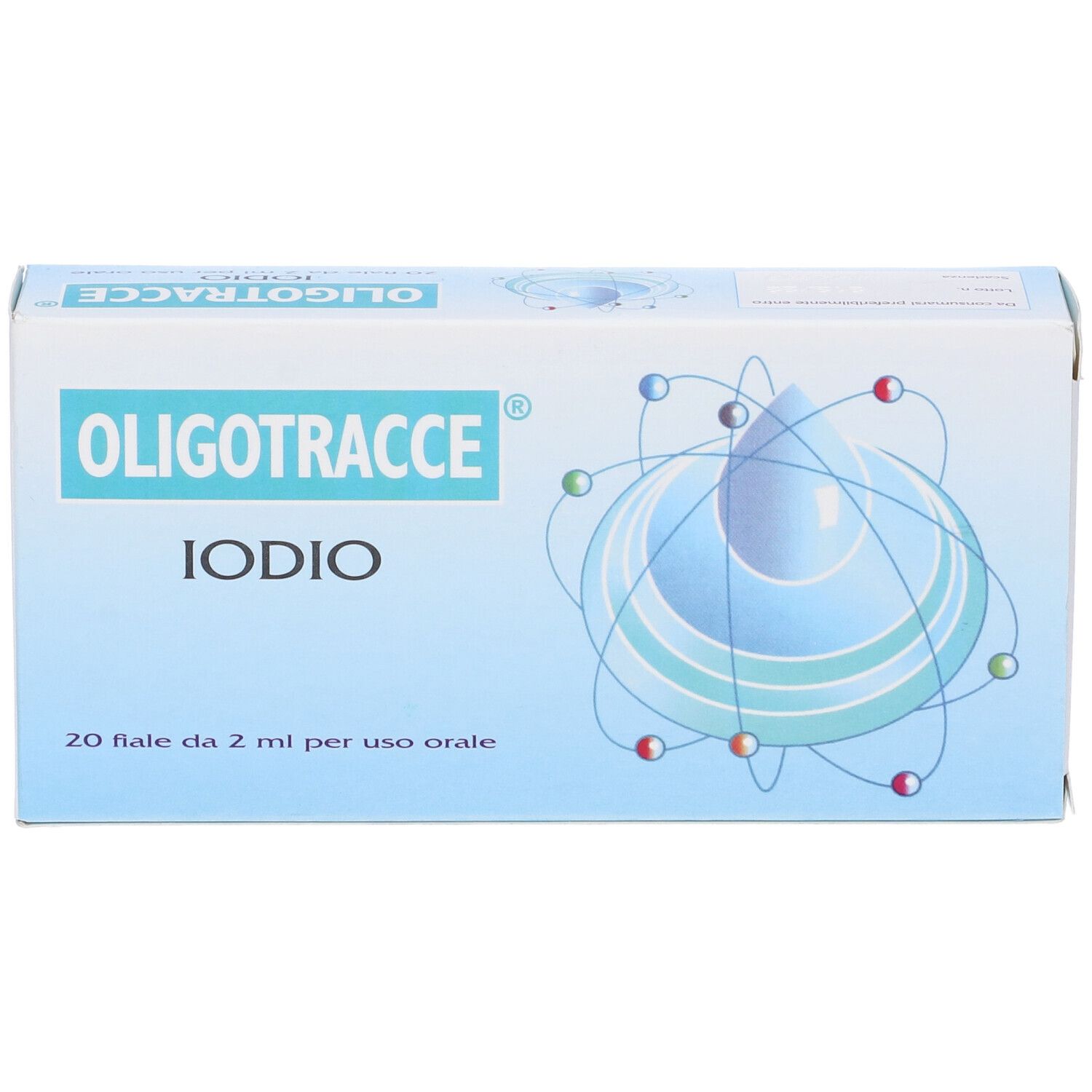 Confezione Oligotracce Iodio. Scatola blu con nome prodotto e 20 fiale. Vista dall'alto.