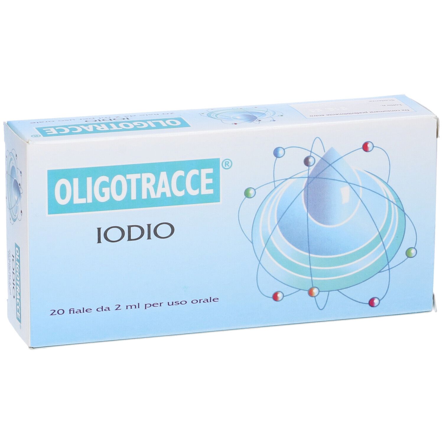 Confezione Oligotracce Iodio. Scatola blu con nome prodotto e 20 fiale. Primo piano.
