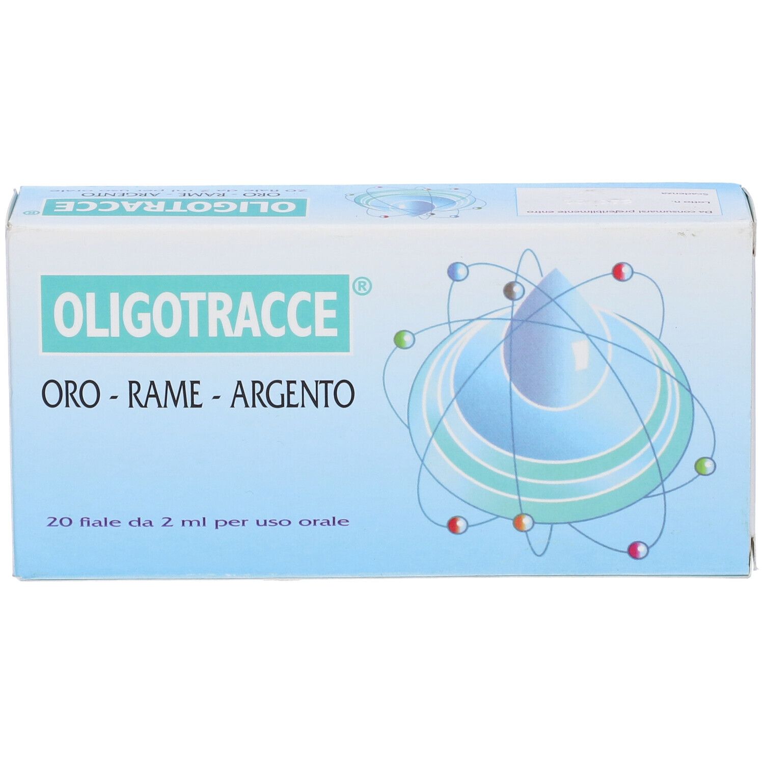 Scatola Oligotracce Oro Rame Argento. Scritto: 20 fiale da 2 ml per uso orale. Vista frontale.