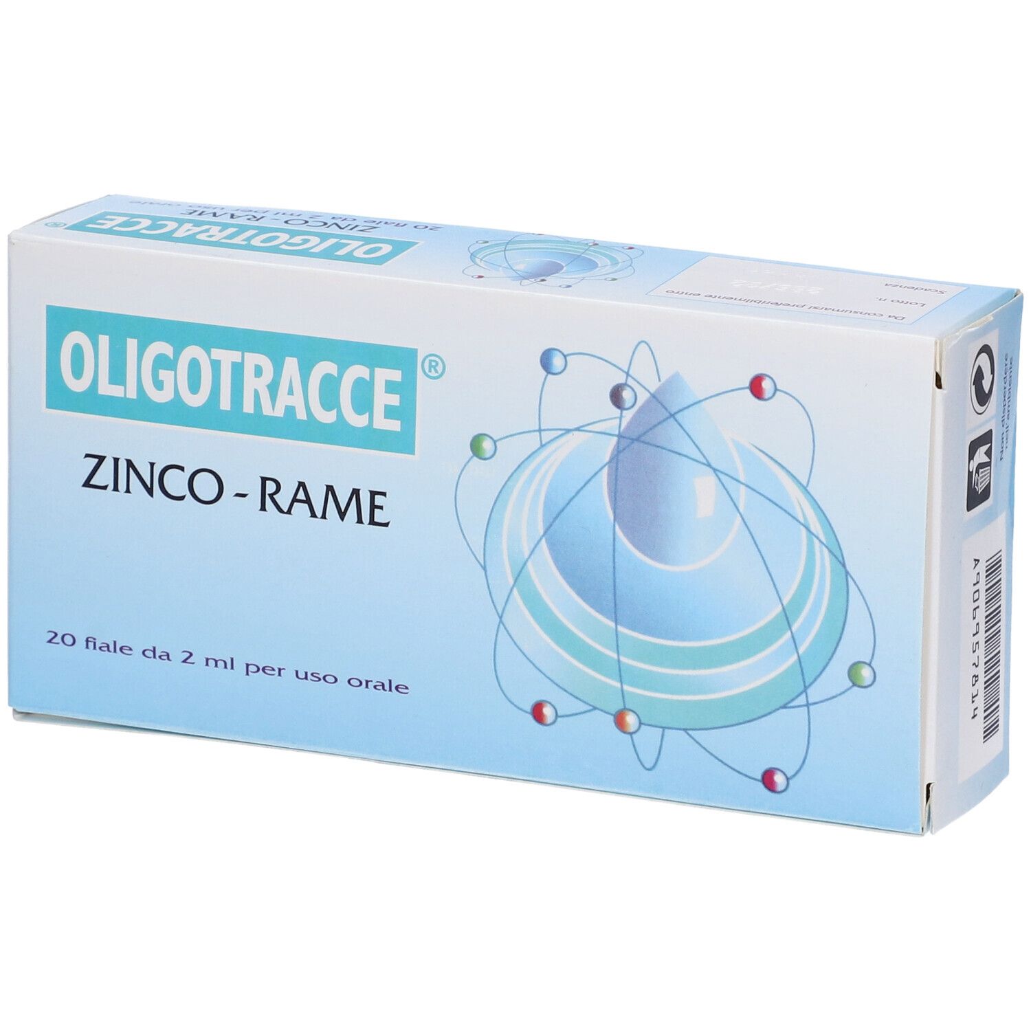 Confezione di Oligotracce Zinco-Rame. Scritta: 20 fiale da 2 ml per uso orale.