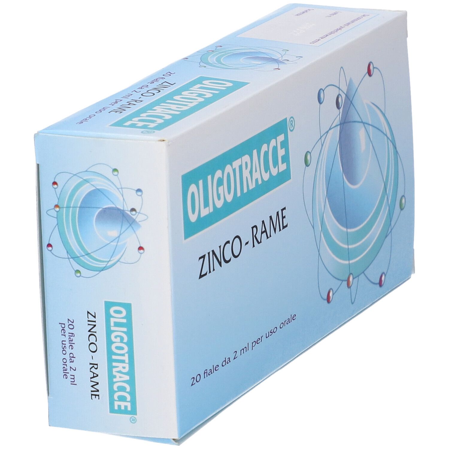 Vista obliqua della confezione Oligotracce Zinco-Rame. Scritta: 20 fiale da 2 ml per uso orale.