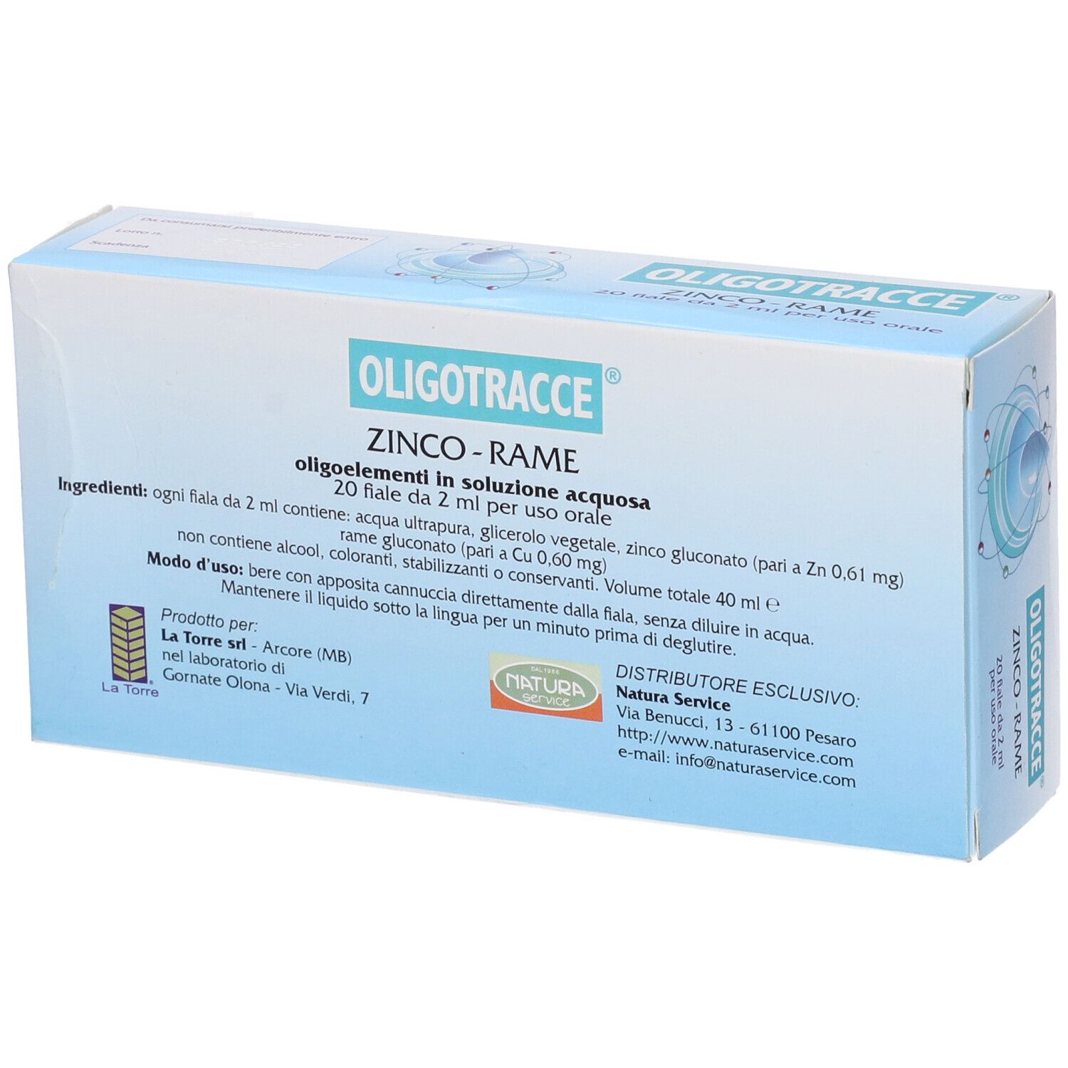 Confezione Oligotracce Zinco-Rame. Testo: Oligoelementi in soluzione acquosa. 20 fiale da 2 ml per uso orale.