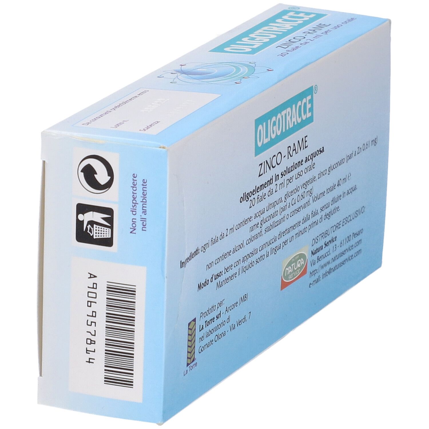 Retro della confezione Oligotracce Zinco-Rame. Con simboli di riciclaggio e numero di lotto.