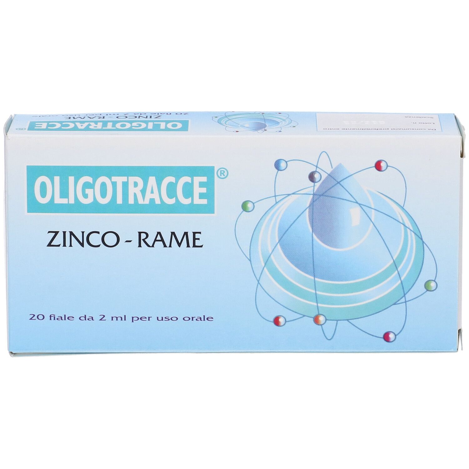Confezione Oligotracce Zinco-Rame. Scritta: 20 fiale da 2 ml per uso orale. Logo.