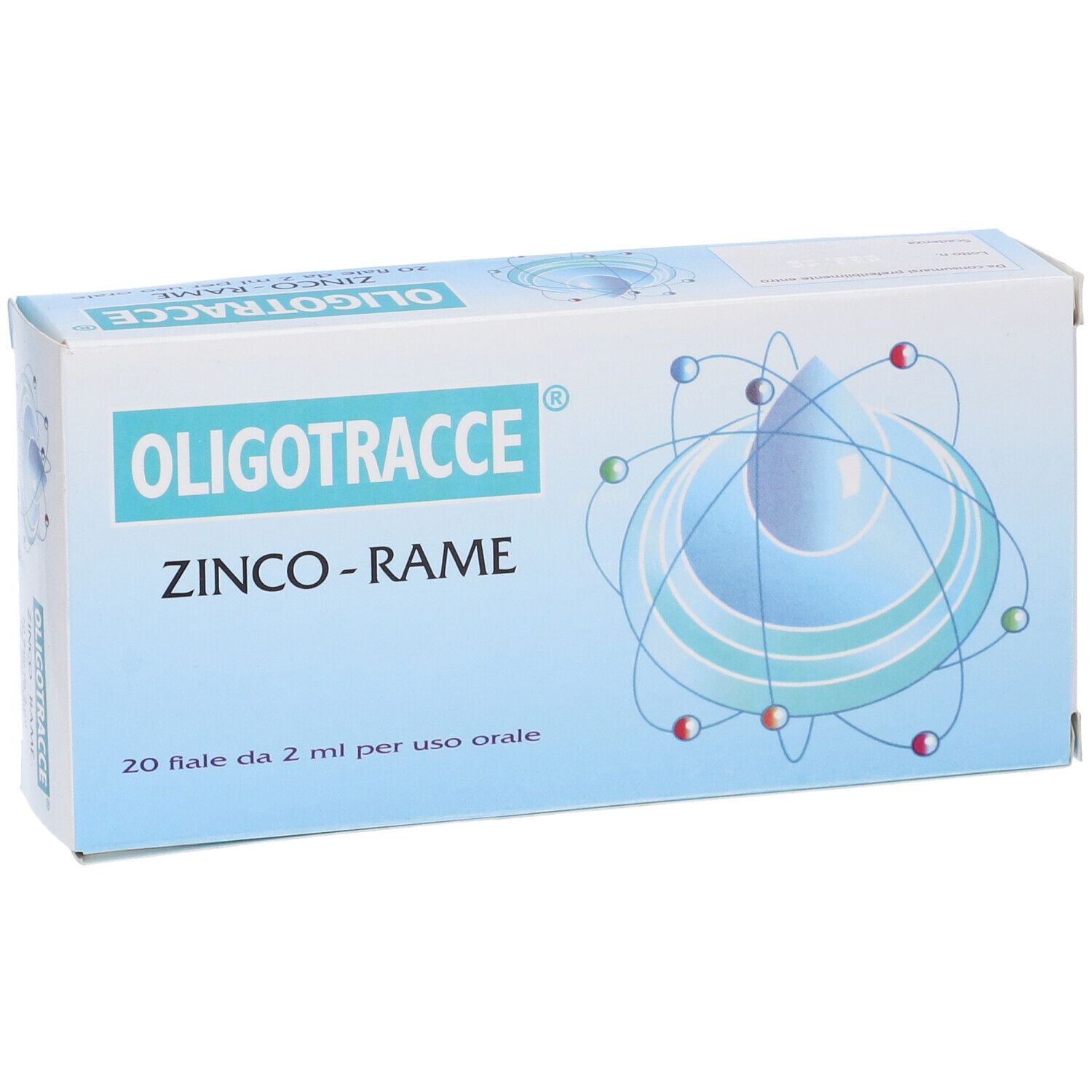 Confezione Oligotracce Zinco-Rame. Scritta: 20 fiale da 2 ml per uso orale.