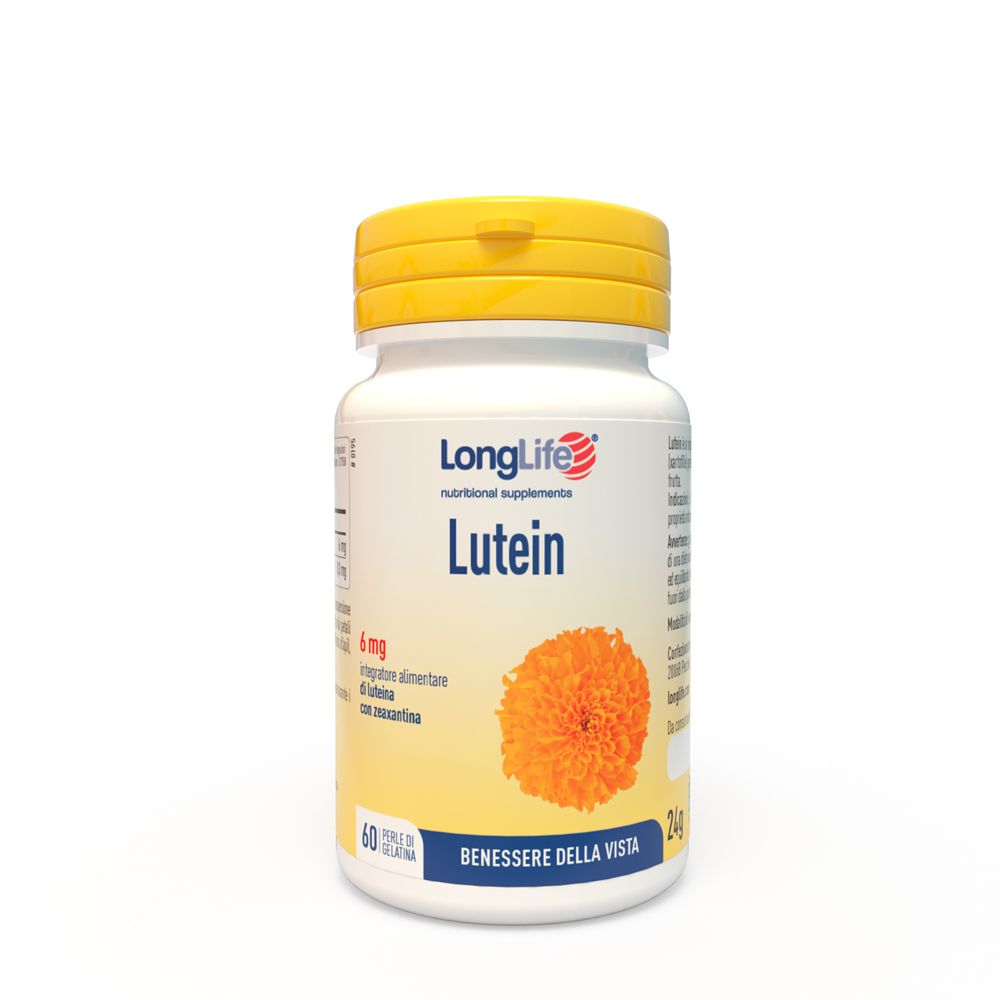 Flacone bianco di integratore, tappo giallo. Scritta: LongLife Lutein, 60 capsule.