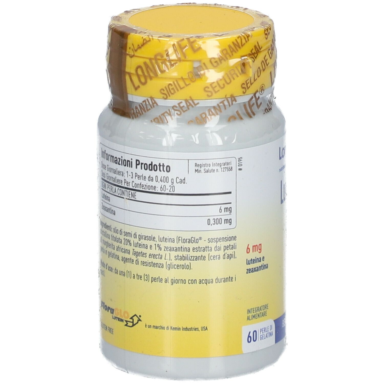 Flacone di integratore, tappo giallo. Scritta: LongLife Lutein, 60 capsule, 6 mg luteina.