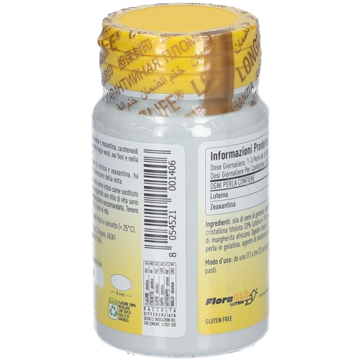 Flacone di integratore, tappo giallo. Scritta: LongLife Lutein, 60 capsule, 6 mg luteina.