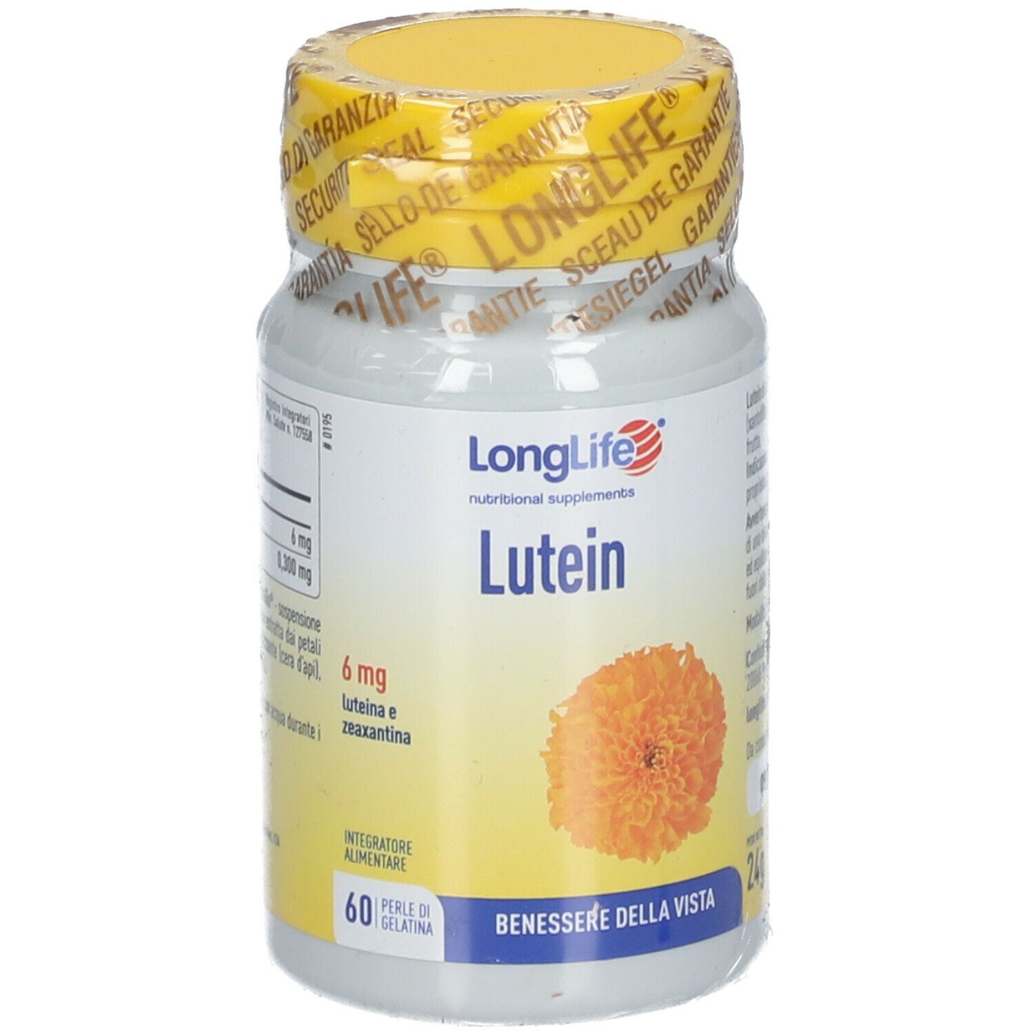Flacone di integratore, tappo giallo. Scritta: LongLife Lutein, 60 capsule, 6 mg luteina.