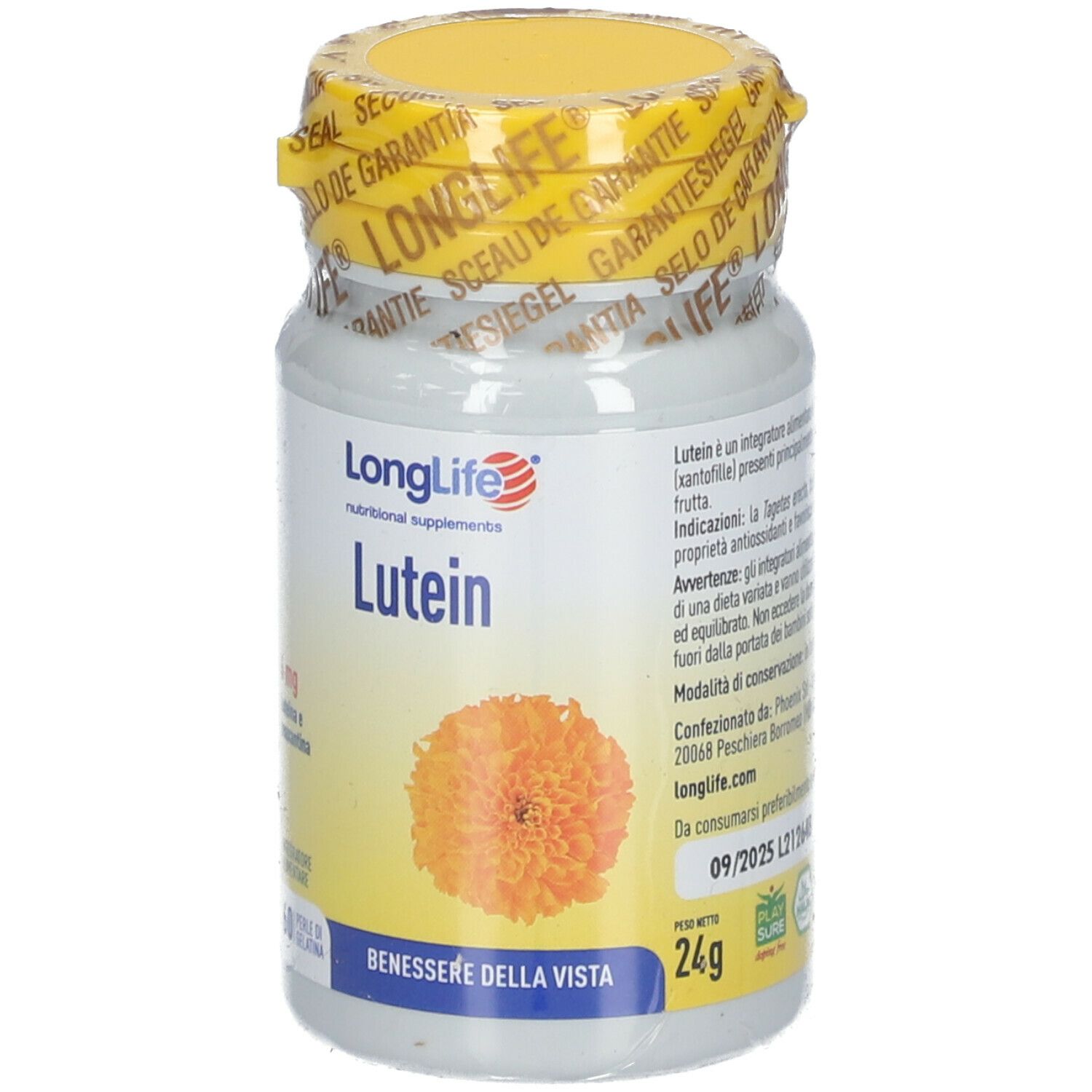 Flacone di integratore, tappo giallo. Scritta: LongLife Lutein, 60 capsule, 6 mg luteina.
