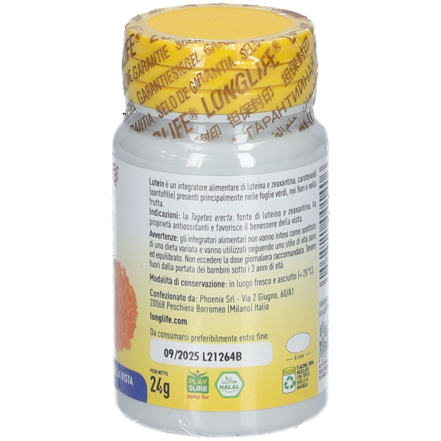 Flacone di integratore, tappo giallo. Scritta: LongLife Lutein, 60 capsule, 6 mg luteina.