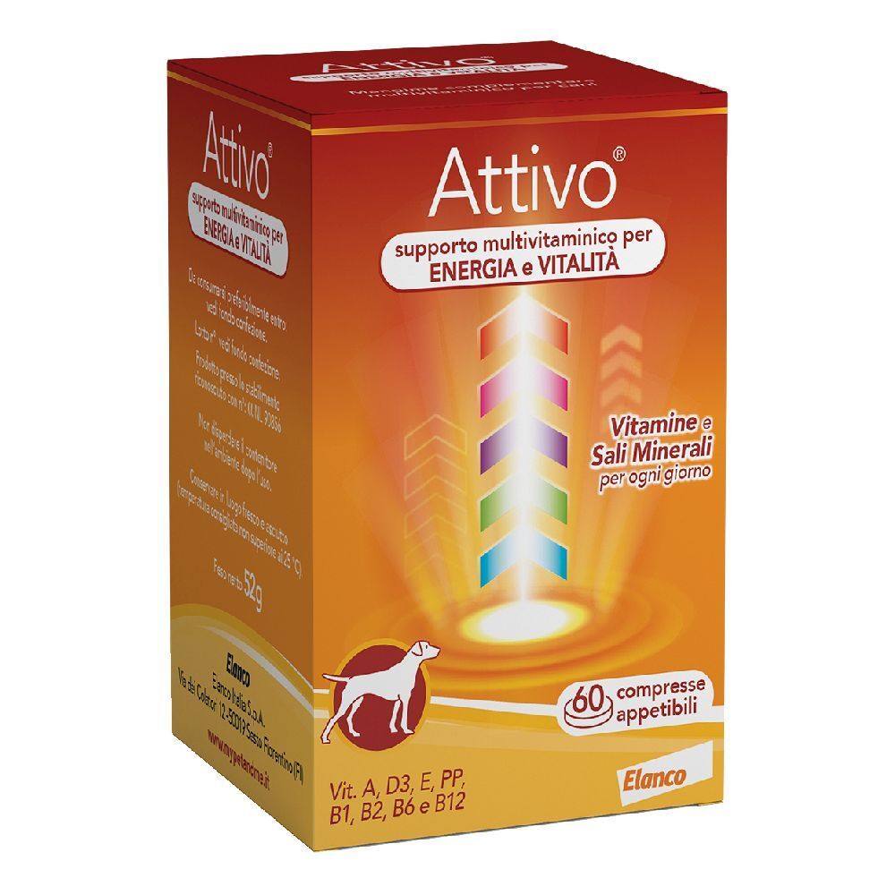 Scatola Attivo. Supporto multivitaminico per energia e vitalità. Contiene 60 compresse. Logo cane. Ingredienti.