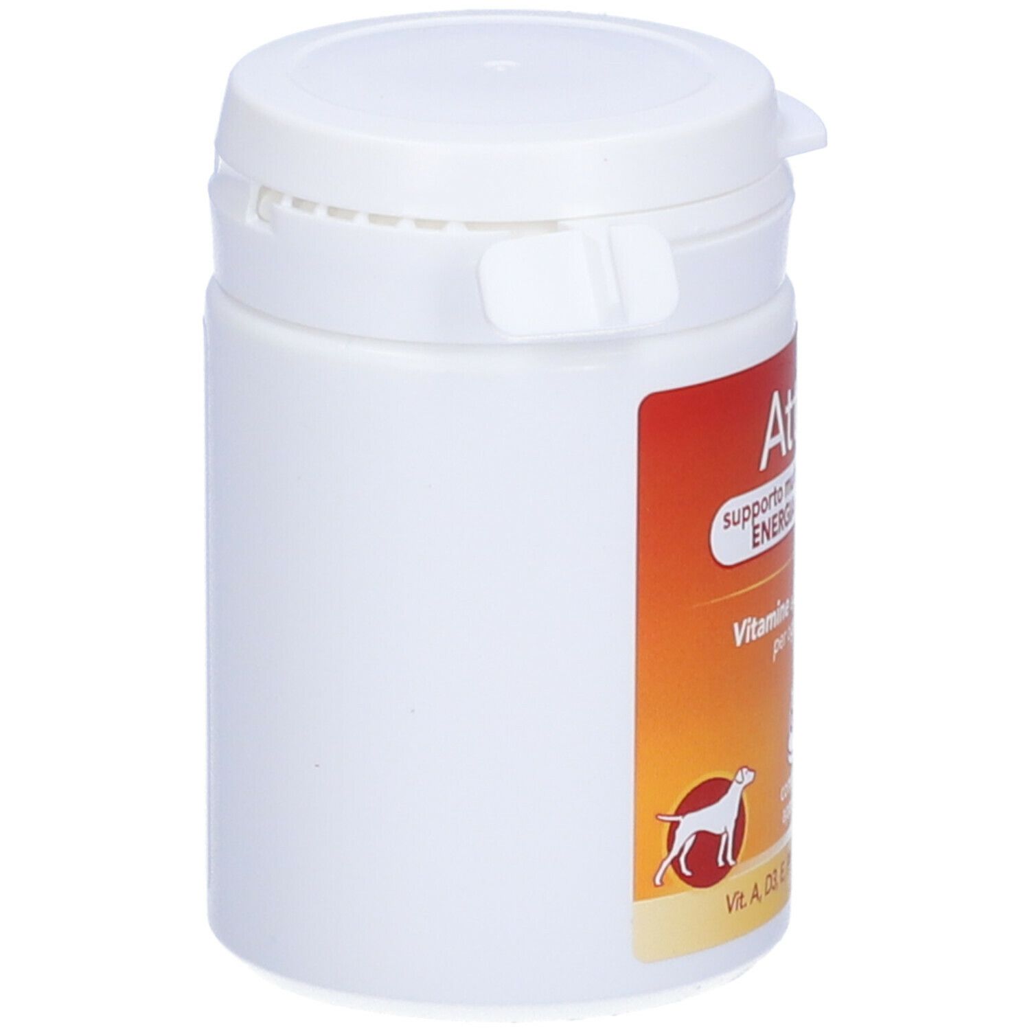 Barattolo bianco Attivo. Supporto multivitaminico per energia e vitalità. Contiene 60 compresse. Logo cane.