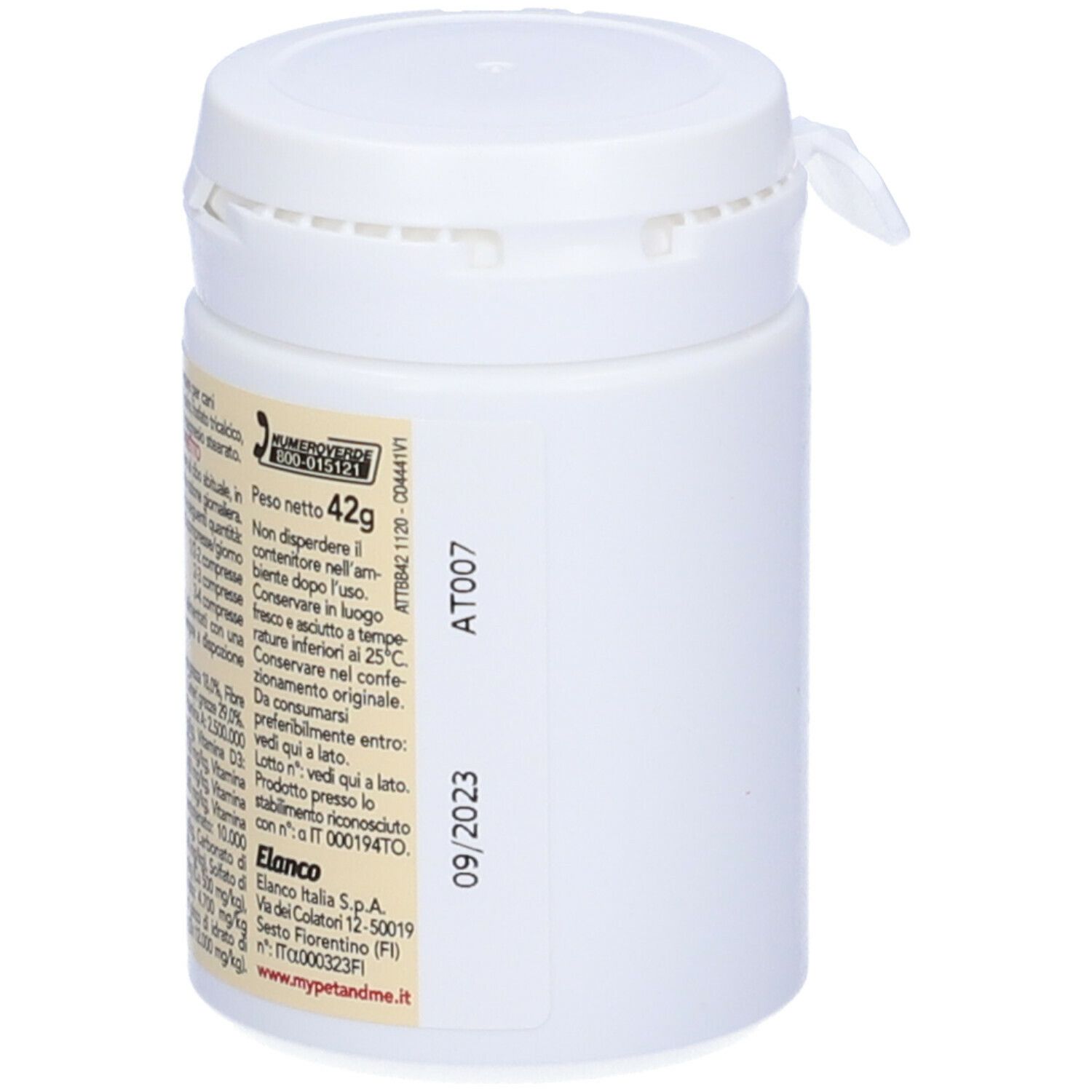 Barattolo bianco Attivo. Etichetta con informazioni. Peso 42g. Scadenza 09/2023.