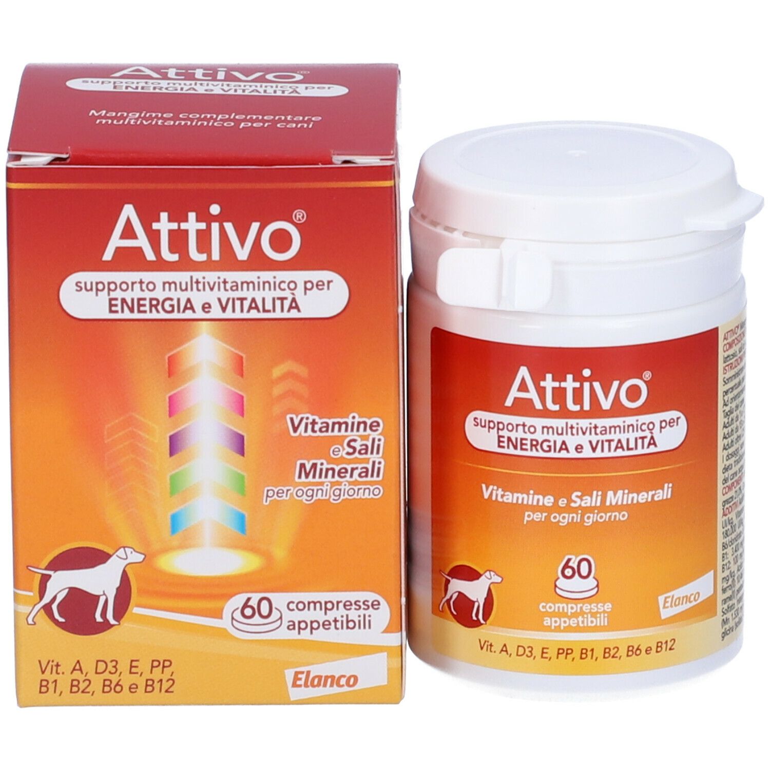 Confezione prodotto: barattolo e scatola. Scritta: Attivo, supporto multivitaminico per energia e vitalità. 60 compresse.