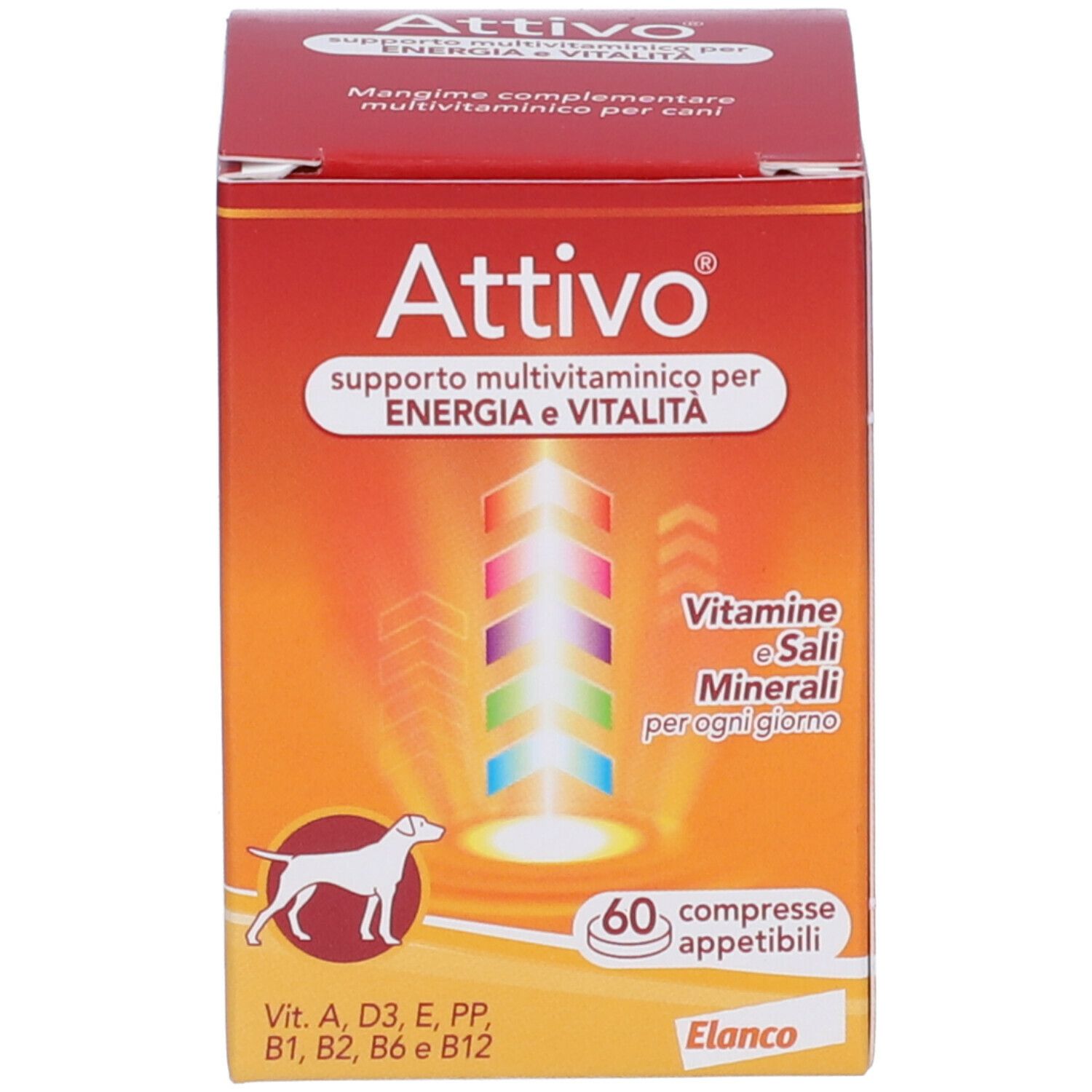Scatola. Scritta: Attivo, supporto multivitaminico per energia e vitalità. Contiene 60 compresse. Logo cane.