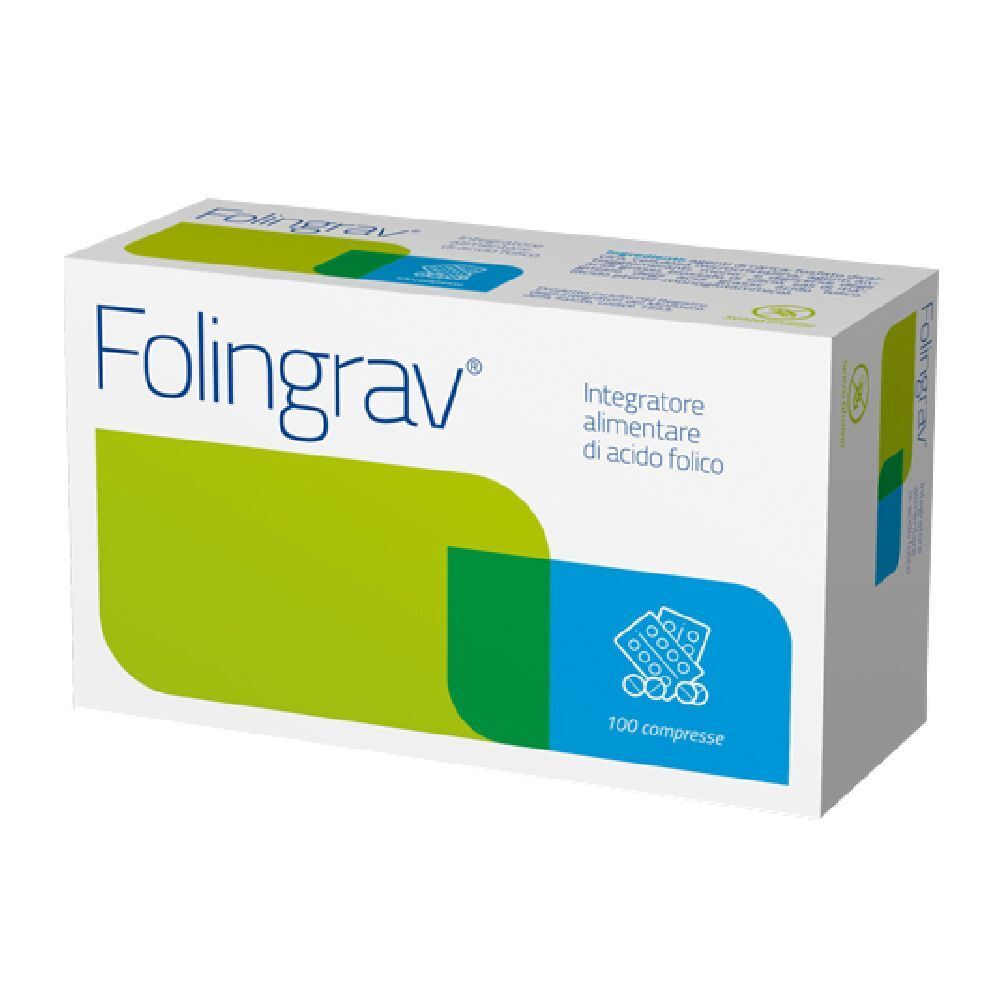 Scatola "Folingrav" con logo, accenti verdi e blu. Contiene 100 compresse.