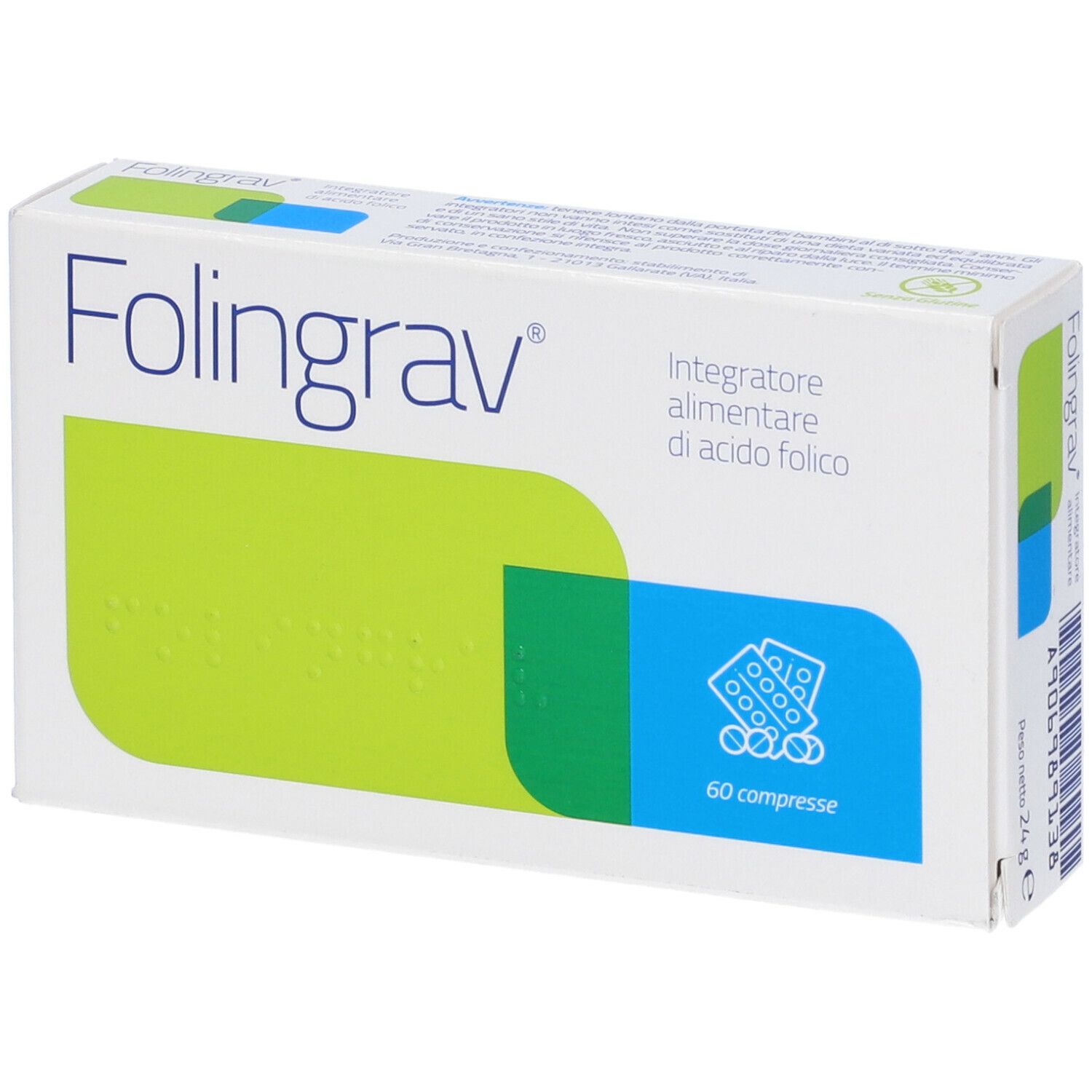 Scatola "Folingrav" con logo, accenti verdi e blu. Contiene 60 compresse.