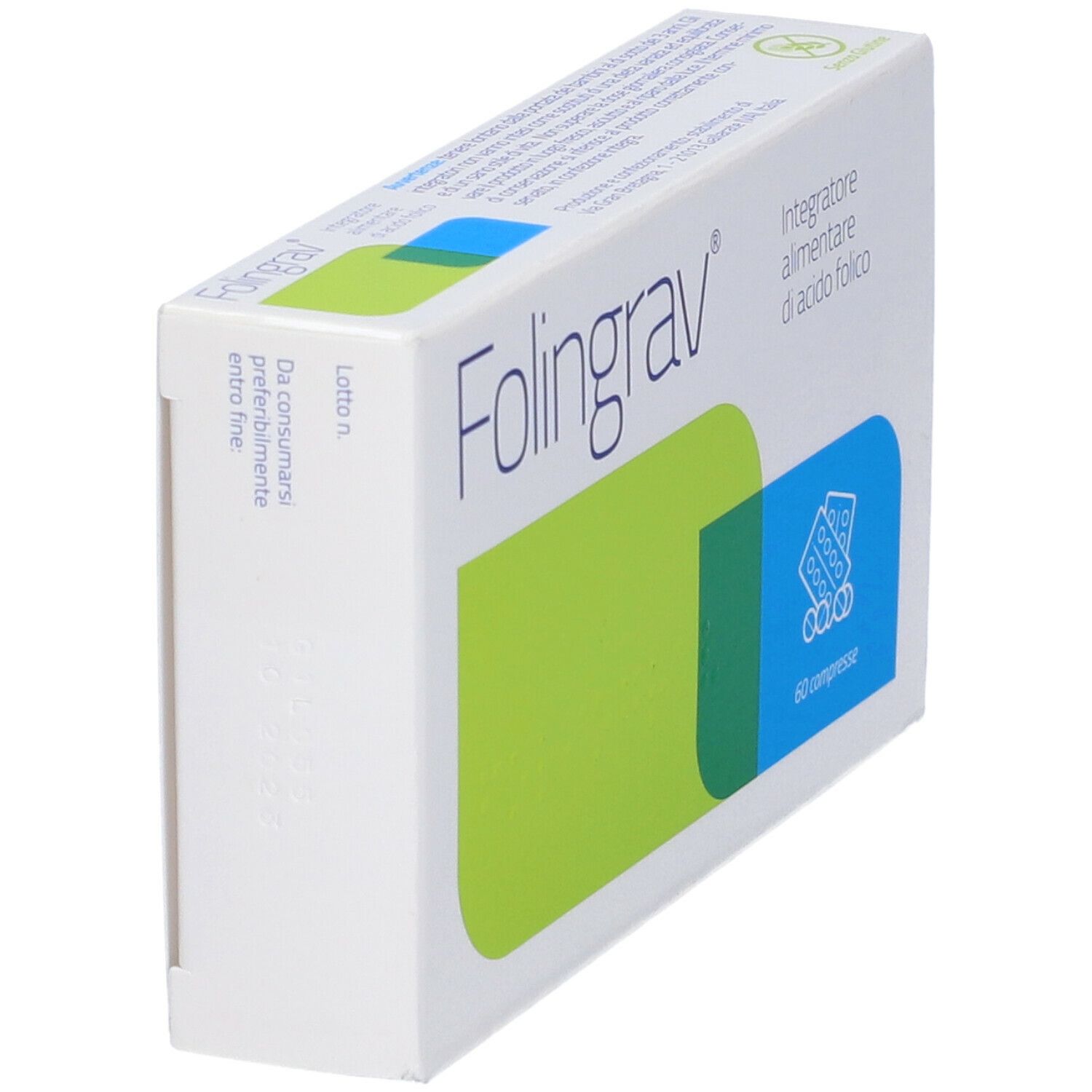 Scatola "Folingrav" con logo, accenti verdi e blu. Contiene 60 compresse, vista obliqua.
