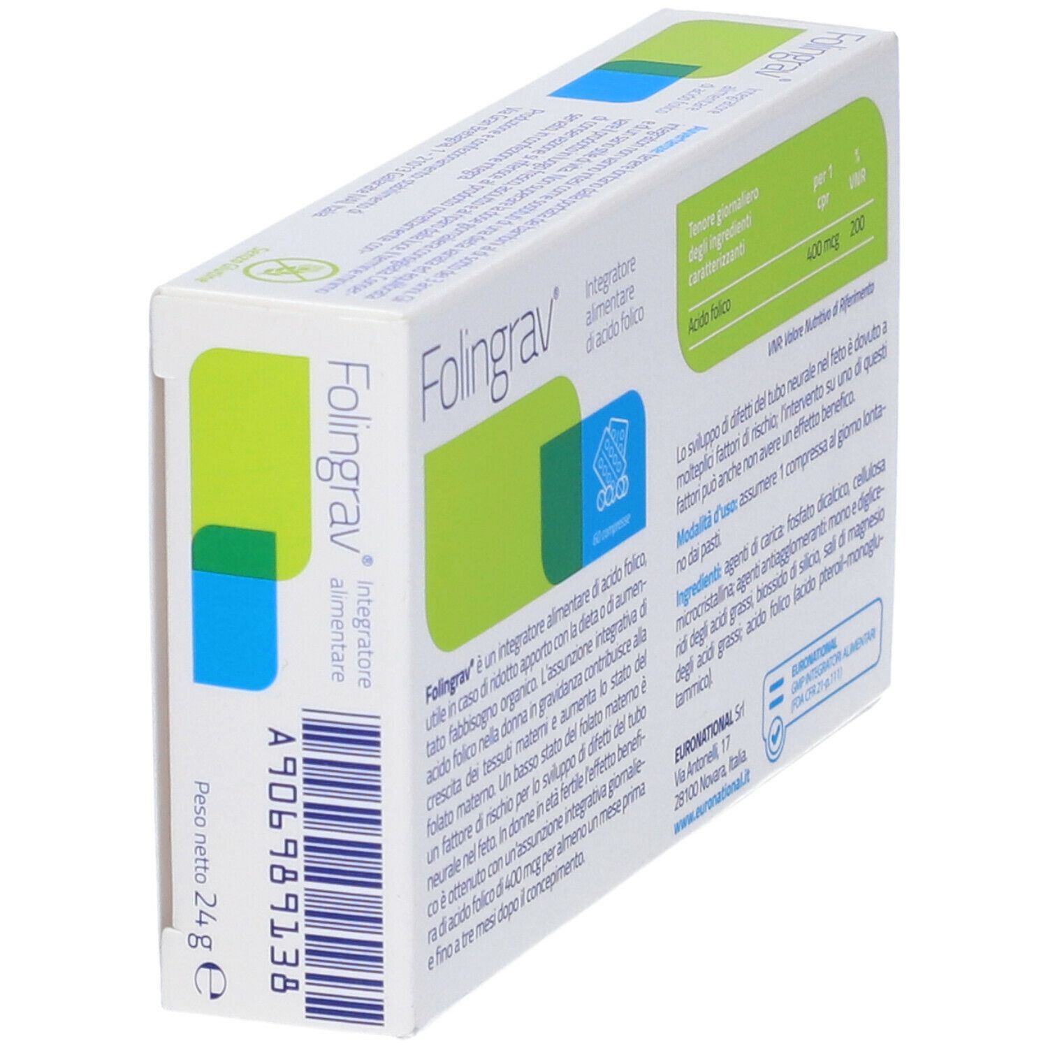 Scatola "Folingrav" con logo, accenti verdi e blu. Contiene 60 compresse, vista obliqua.