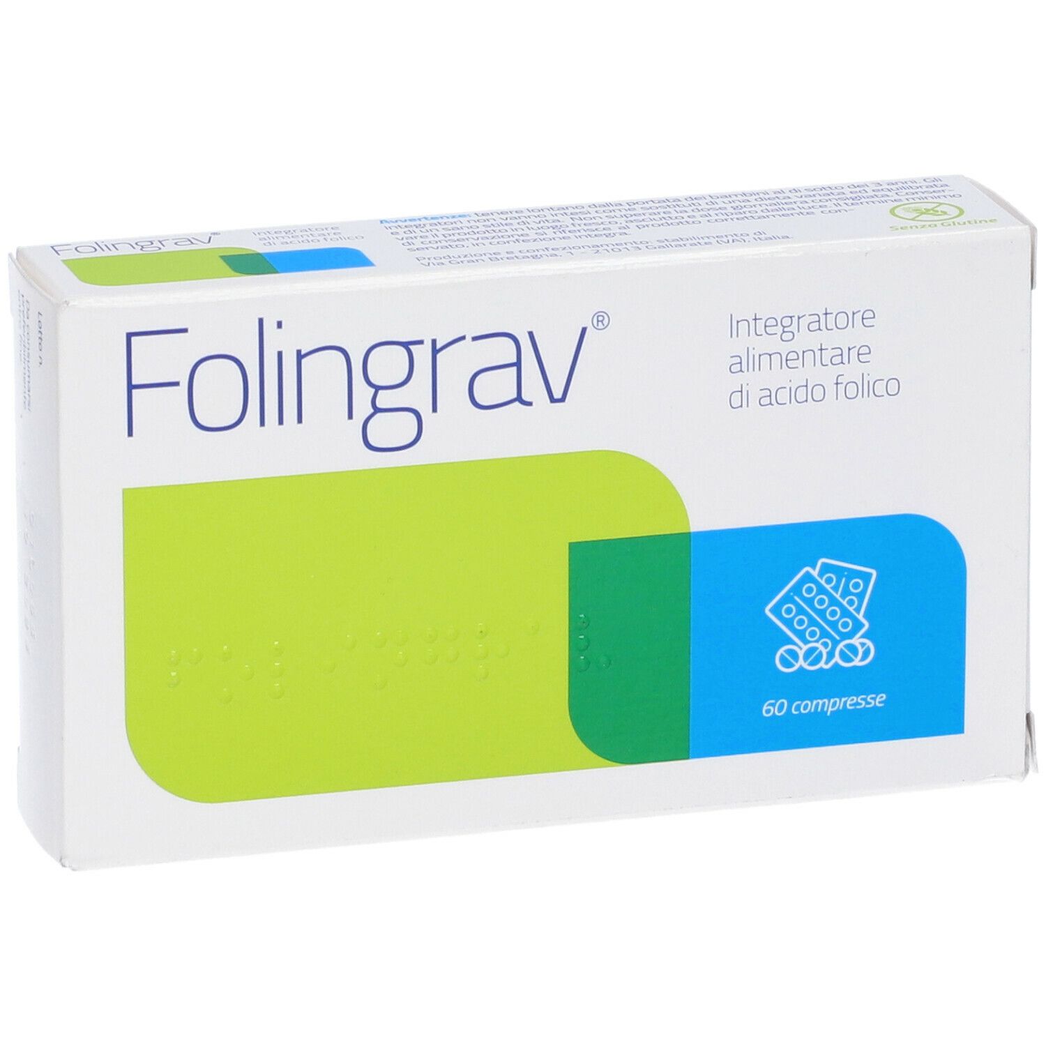 Scatola "Folingrav" con logo, accenti verdi e blu. Contiene 60 compresse.