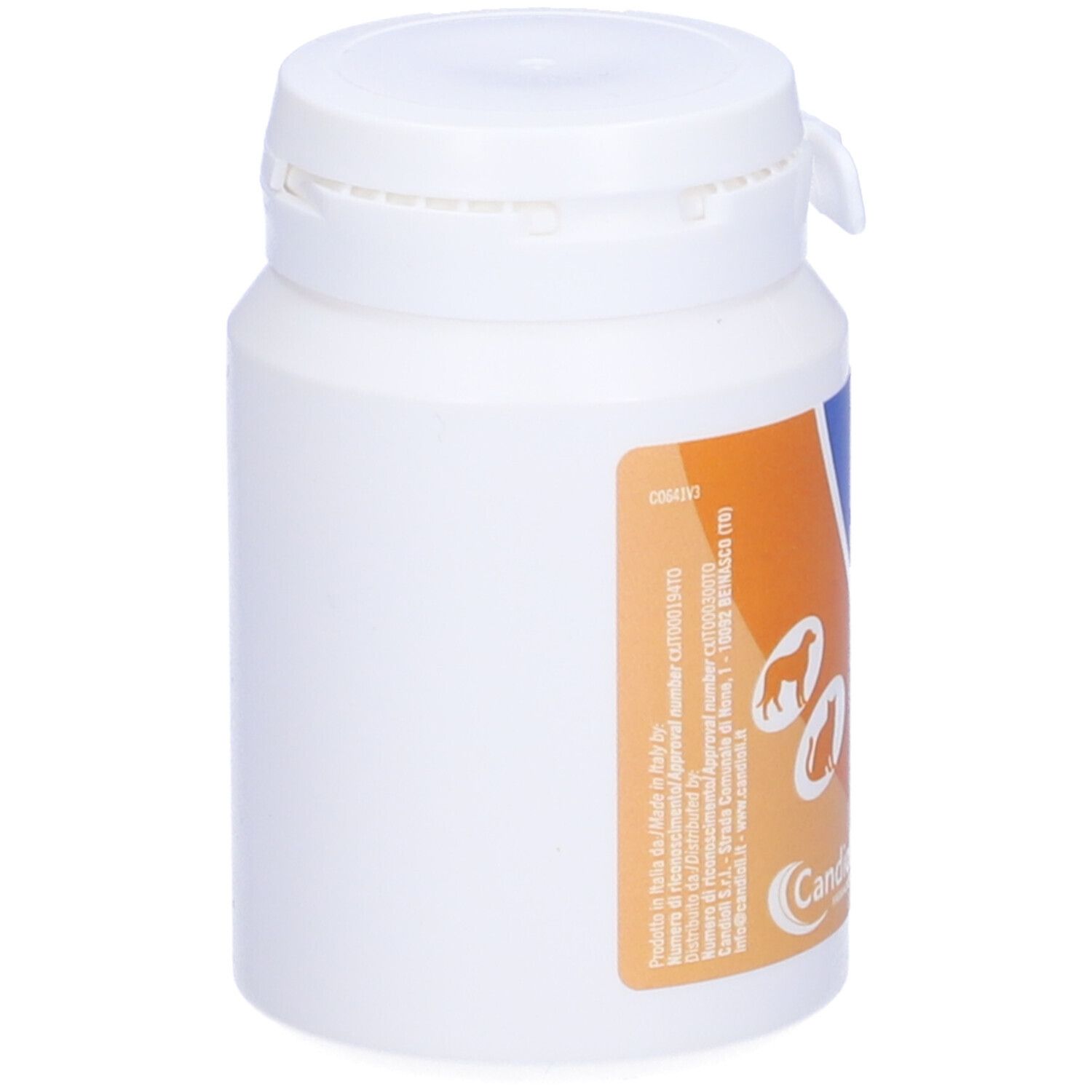 Flacon blanc Forbid, poudre, 50g. Bouchon à clapet. Texte en italien. Pour chiens et chats.
