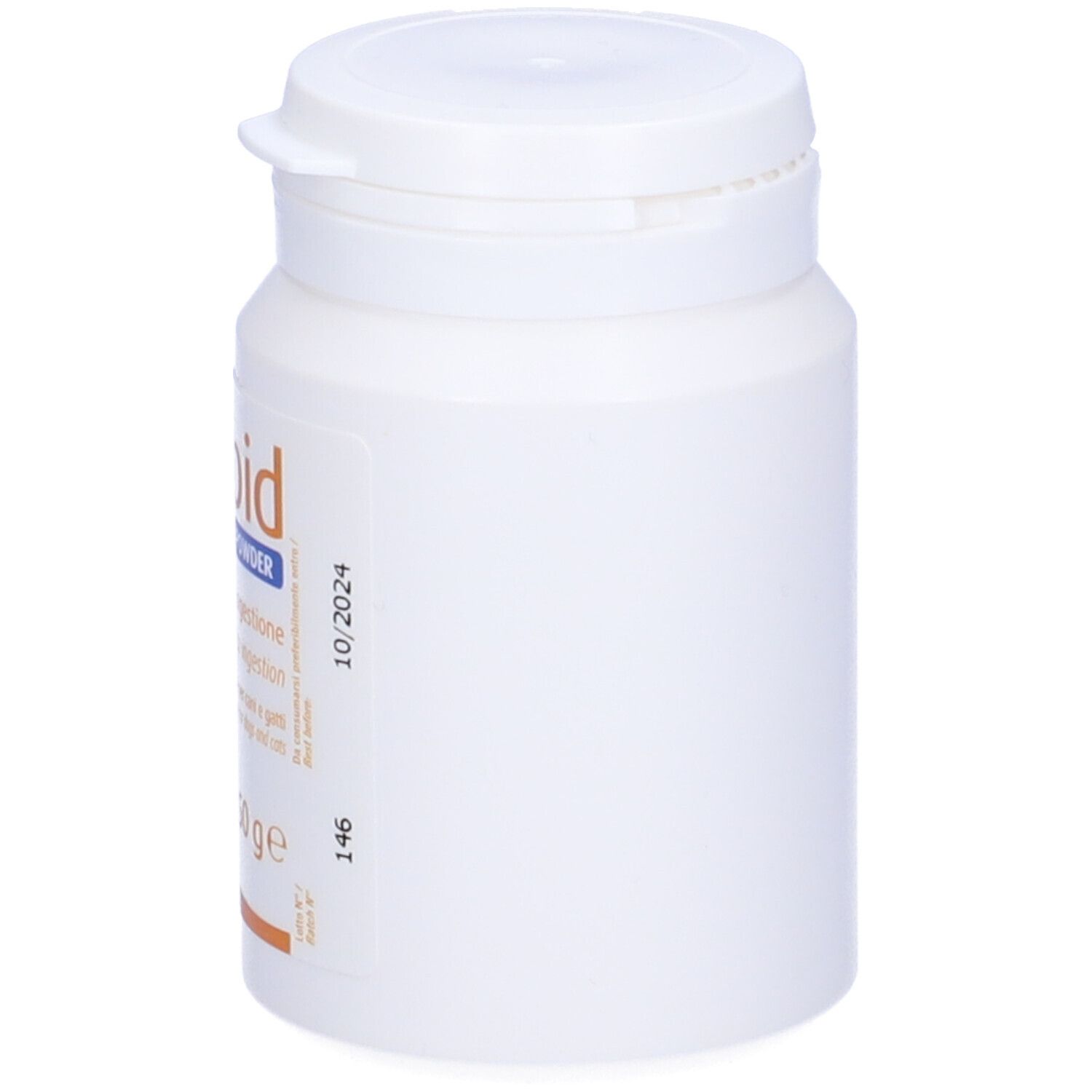 Flacon blanc Forbid, poudre, 50g. Bouchon à clapet. Texte en italien. Pour chiens et chats.