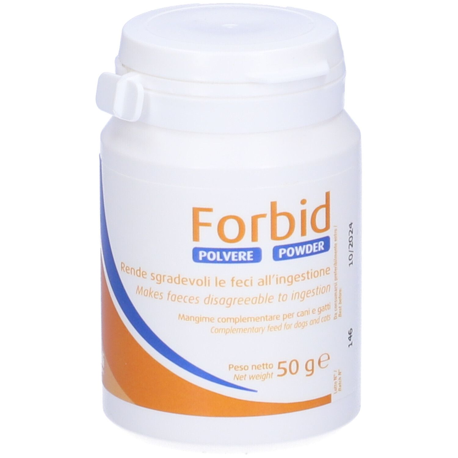 Flacon blanc Forbid, poudre, 50g. Bouchon à clapet. Texte en italien. Pour chiens et chats.