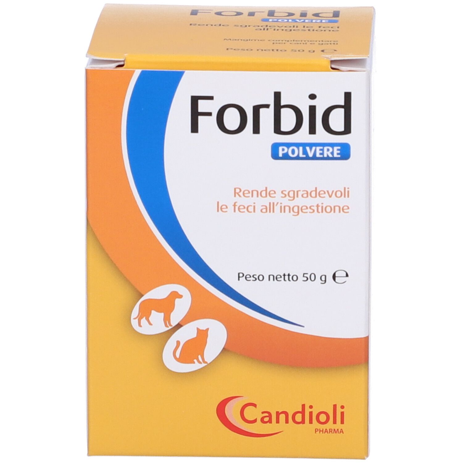 Boîte jaune Forbid poudre, 50g. Texte en italien. Pour chiens et chats. Marque Candioli.