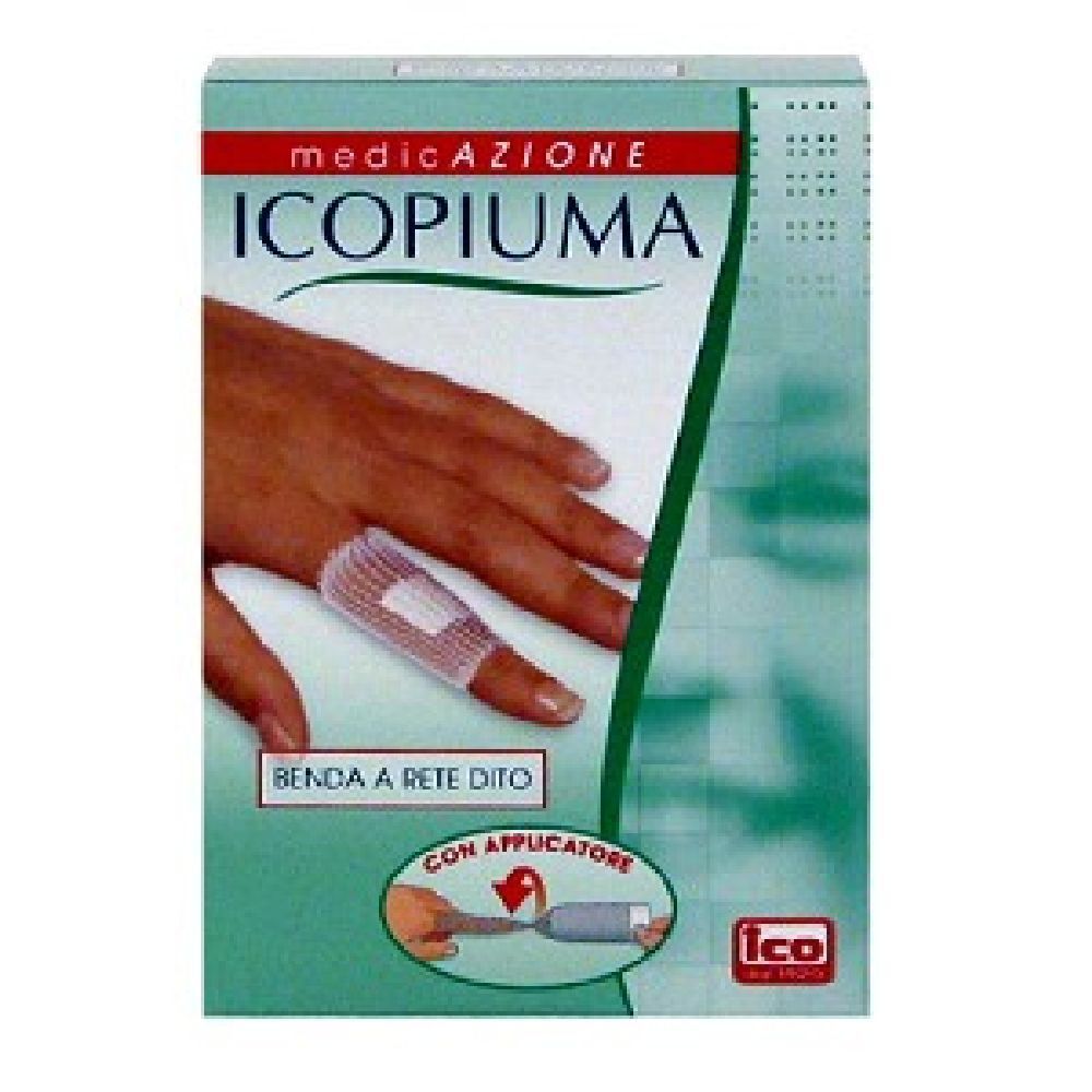 Verband für Finger, mit Applikator. Auf der Verpackung ist ein Finger mit Verband abgebildet. Produktname: Icopiuma.