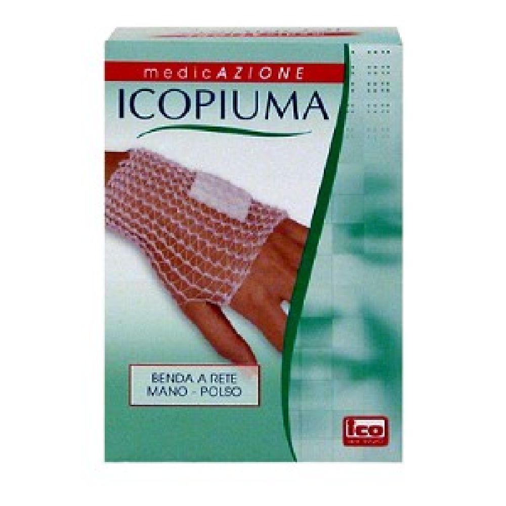 Confezione con immagine del prodotto. Scritta: Icopiuma, Benda a rete, Mano-Polso. Colori verde e bianco.