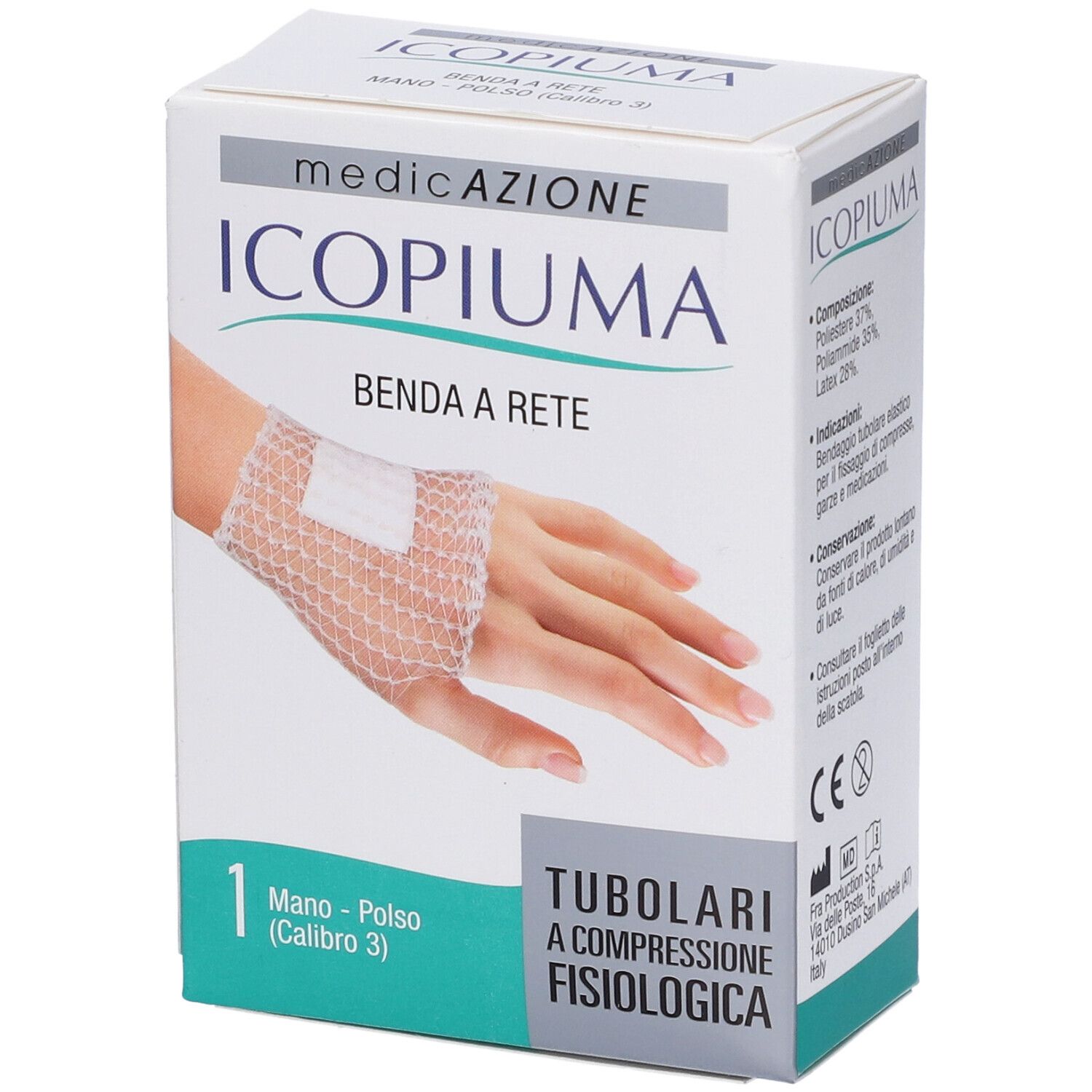 Scatola bianca. Scritta: Icopiuma, Benda a rete, Mano-Polso. Immagine di una mano con bendaggio a rete. 1 pezzo.