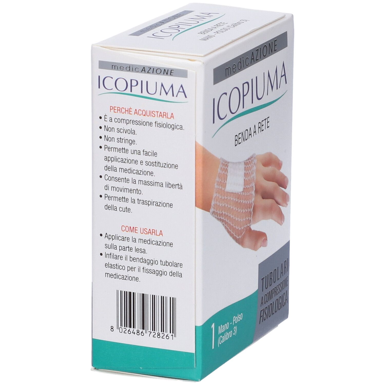 Scatola bianca. Scritta: Icopiuma, Benda a rete, Mano-Polso. Retro con informazioni sul prodotto e codice a barre.