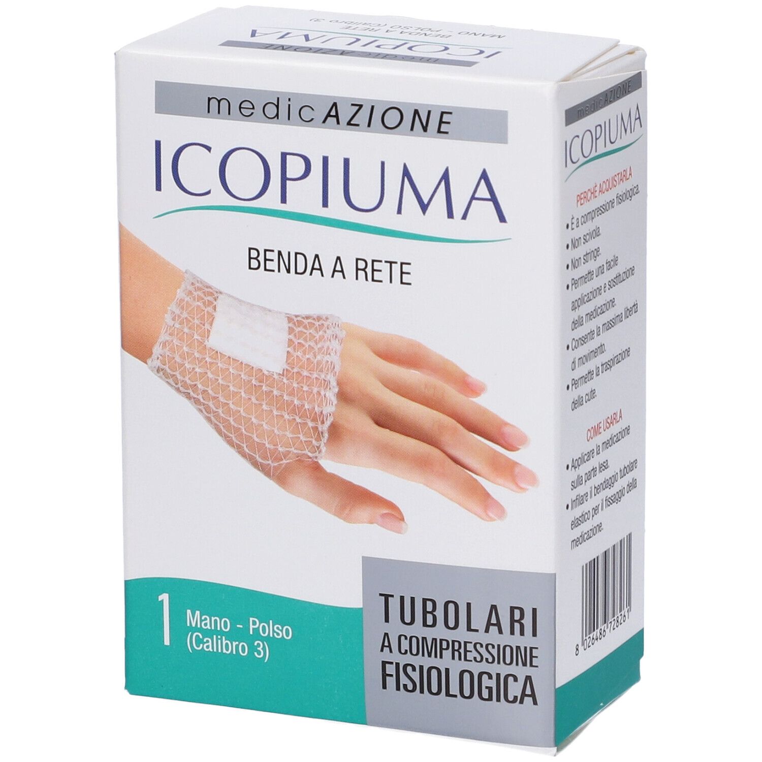 Scatola bianca. Scritta: Icopiuma, Benda a rete, Mano-Polso. Lato con informazioni sul prodotto.