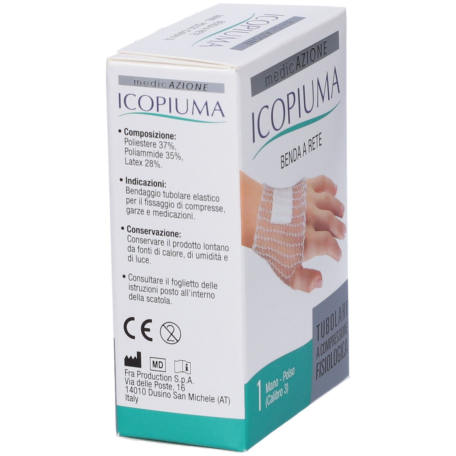 Scatola bianca. Scritta: Icopiuma, Benda a rete, Mano-Polso. Lato con composizione, avvertenze e marchio CE.