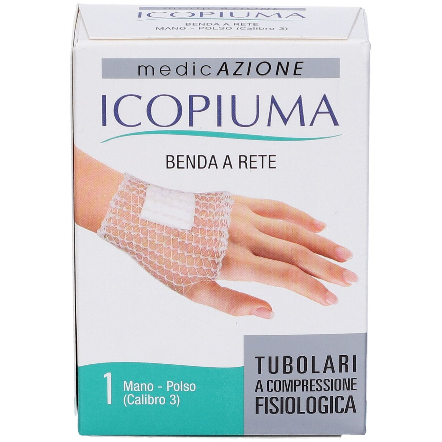Scatola bianca. Scritta: Icopiuma, Benda a rete, Mano-Polso. Immagine di una mano con bendaggio a rete. 1 pezzo.