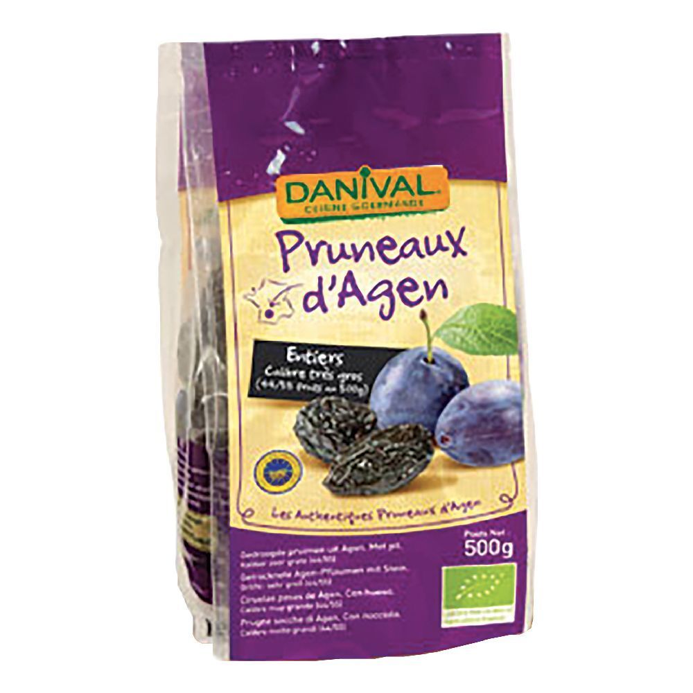 Confezione trasparente di prugne secche. Scritte: Danival, Pruneaux d'Agen, 500g, marchio bio. Immagine di prugne.