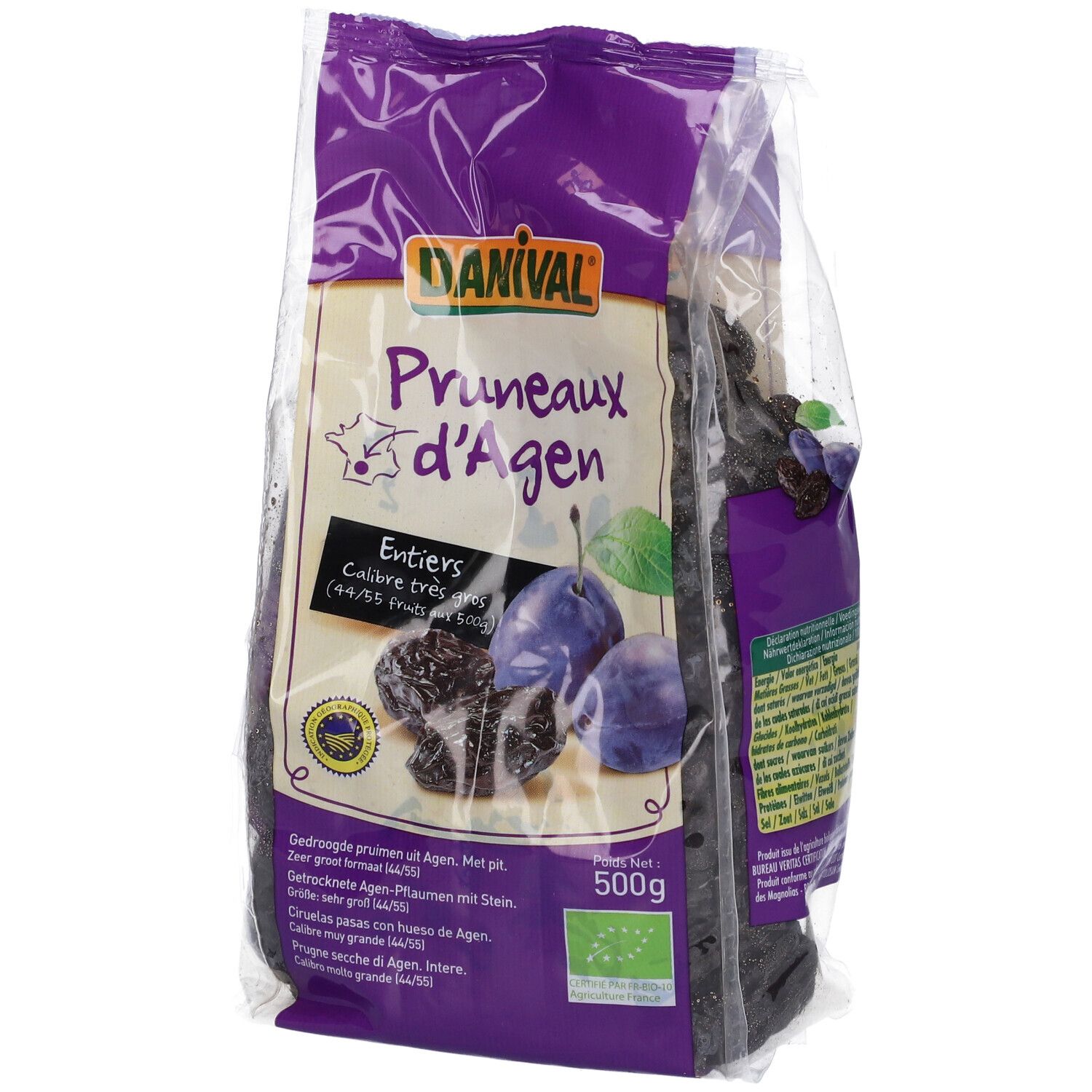 Confezione trasparente di prugne secche. Scritte: Danival, Pruneaux d'Agen, 500g, marchio bio. Immagine di prugne.