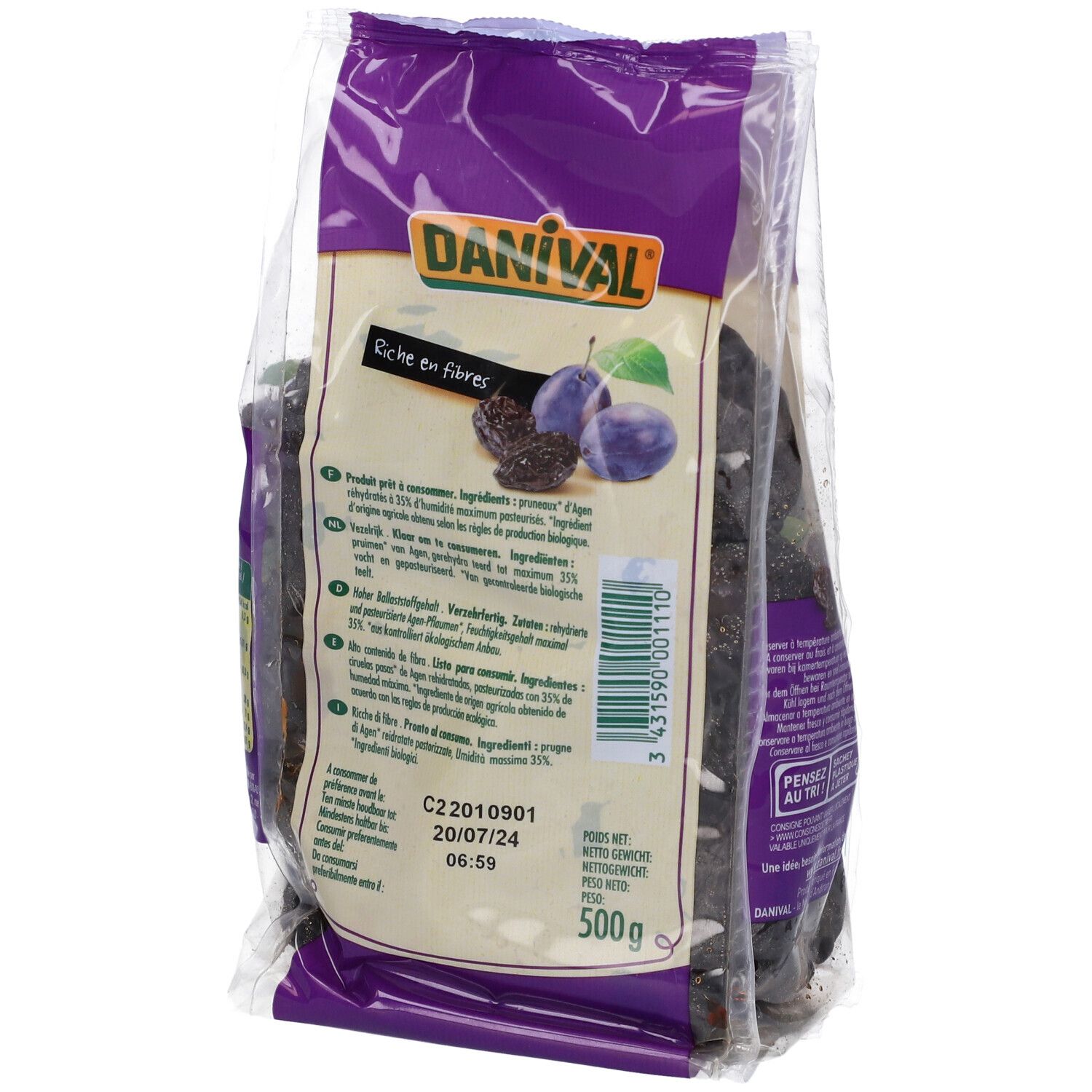 Retro della confezione di prugne. Scritte: Danival, 500g, marchio bio. Informazioni testuali. Data di scadenza.