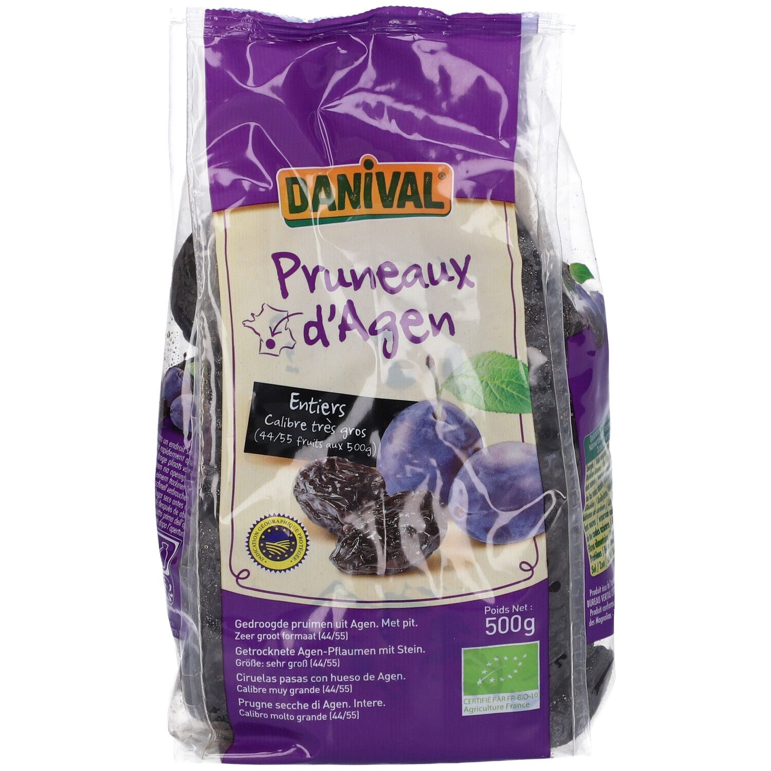 Confezione trasparente di prugne secche. Scritte: Danival, Pruneaux d'Agen, 500g, marchio bio. Immagine di prugne.