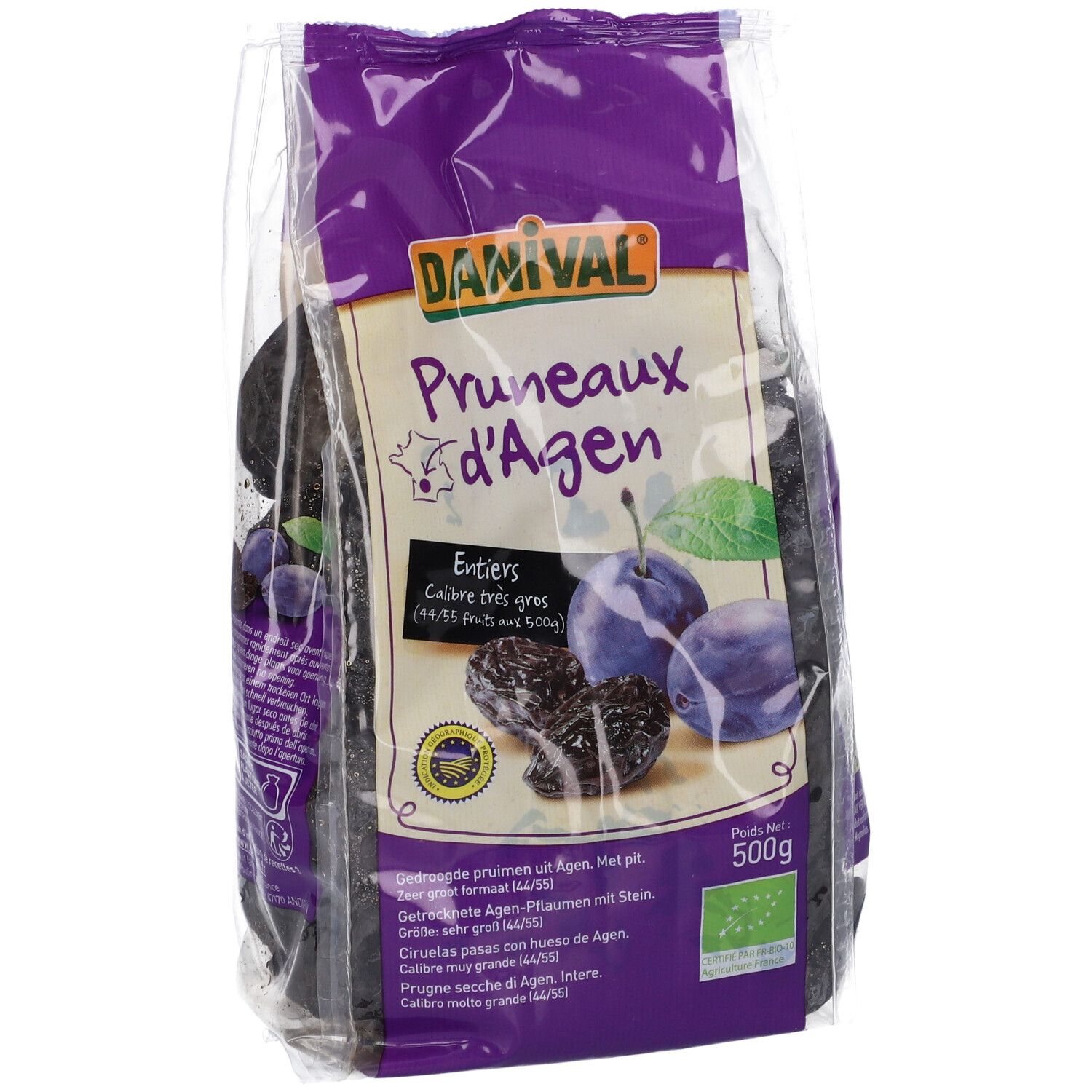 Confezione trasparente di prugne secche. Scritte: Danival, Pruneaux d'Agen, 500g, marchio bio. Immagine di prugne.