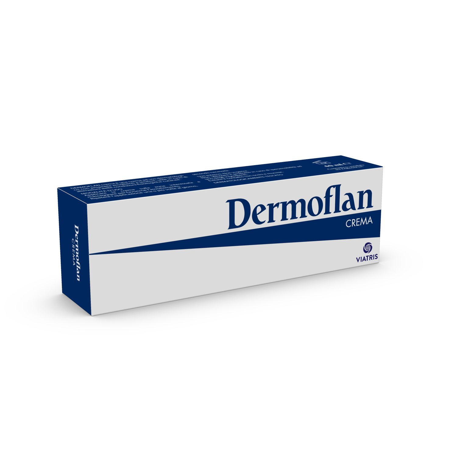 Schachtel mit Dermoflan Crema. Blaue und weiße Verpackung. Aufschrift Dermoflan.