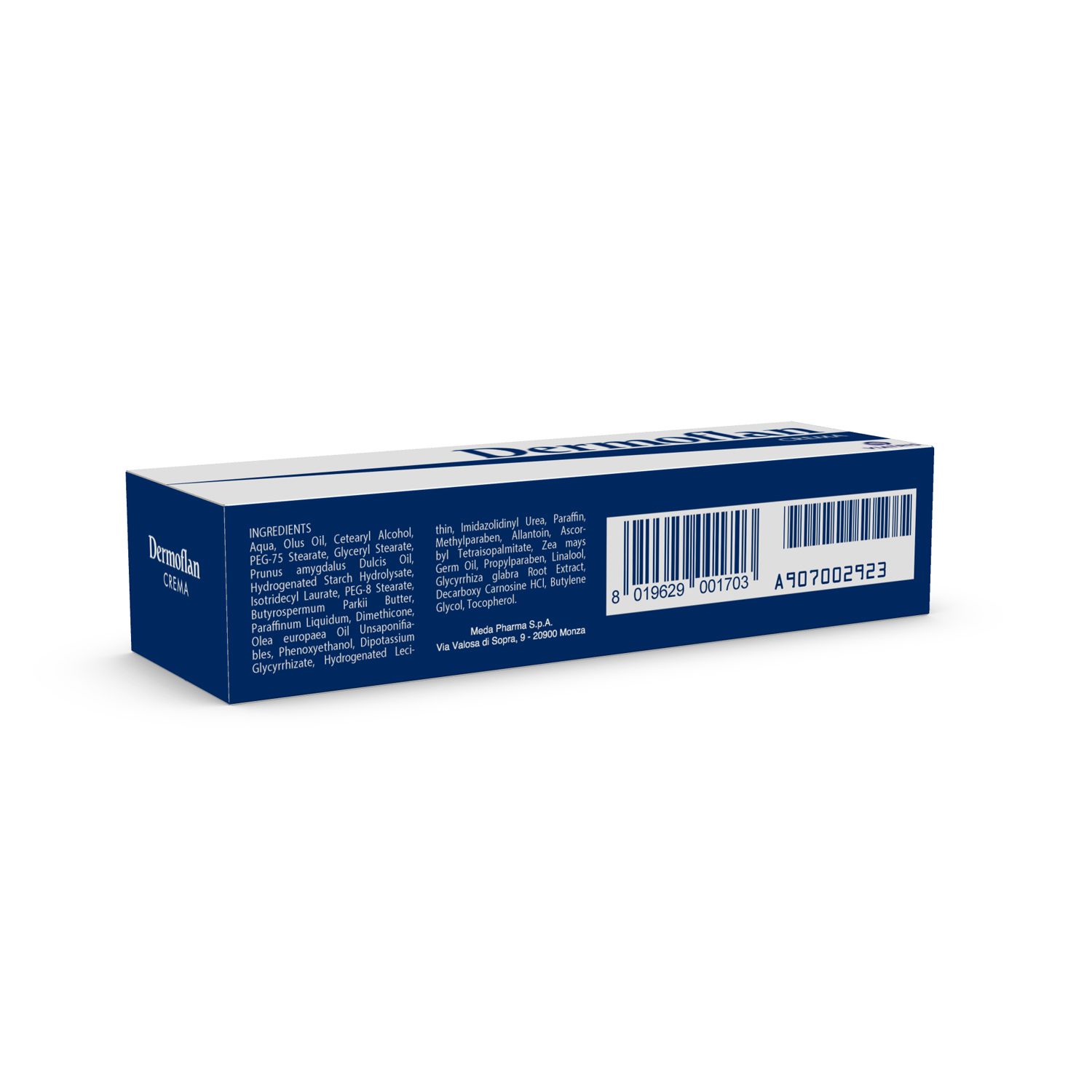 Schachtelrückseite mit Inhaltsstoffen und Barcode. Aufschrift Dermoflan Crema.