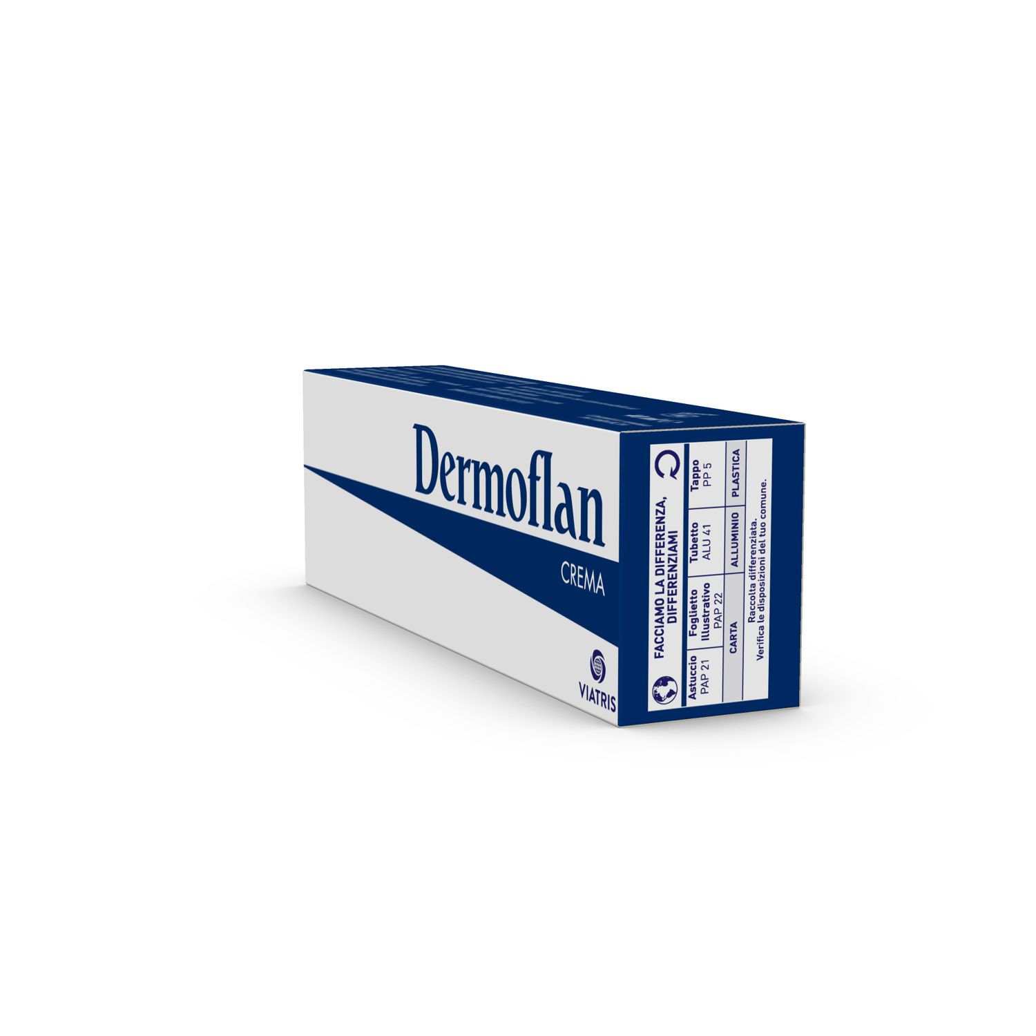 Schachtel mit Dermoflan Crema. Blaue und weiße Verpackung. Aufschrift Dermoflan.