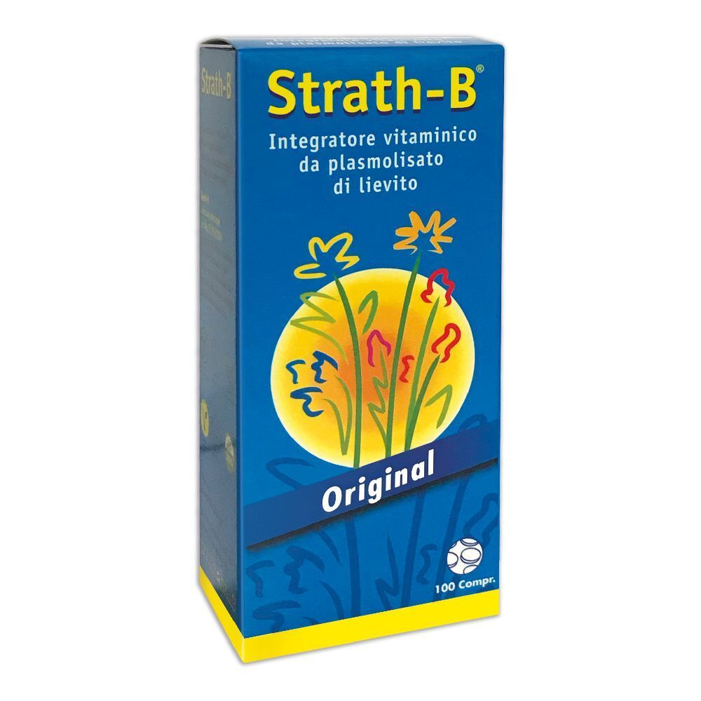 Scatola blu e gialla con logo "Strath-B" e design floreale. Testo: "Integratore vitaminico". In basso: "Original" e "100 compr.".